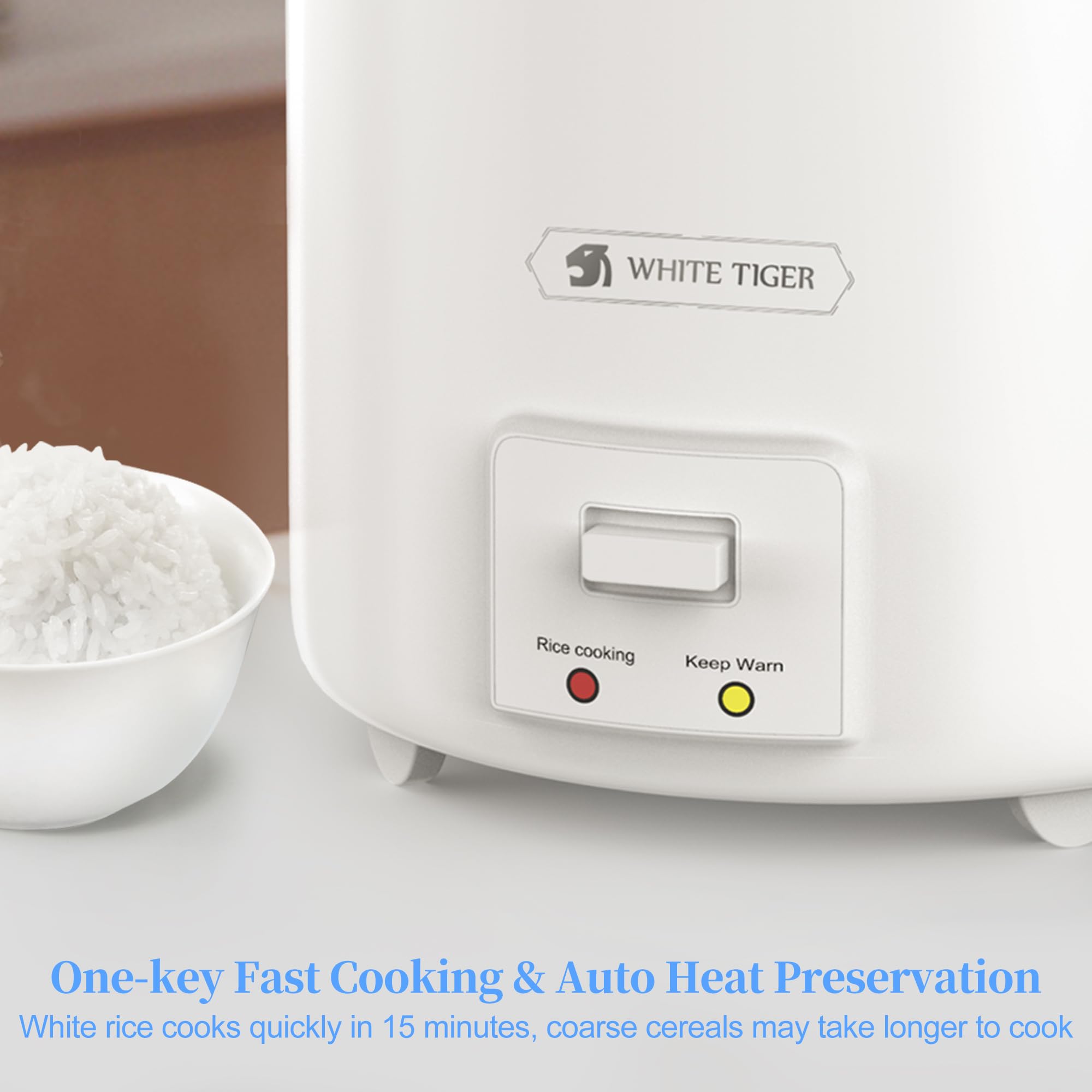 1.0L Mini Rice Cooker - WHITE TIGER Portable Travel Steamer for Fast 15-Minute Cooking | Non-Stick Removable Pot with Keep Warm Function | Perfect for 1-2 People | Ideal for Dorm, Office, Travel & Camping | Cook Rice, Soup, Stews & Oatmeal Easily