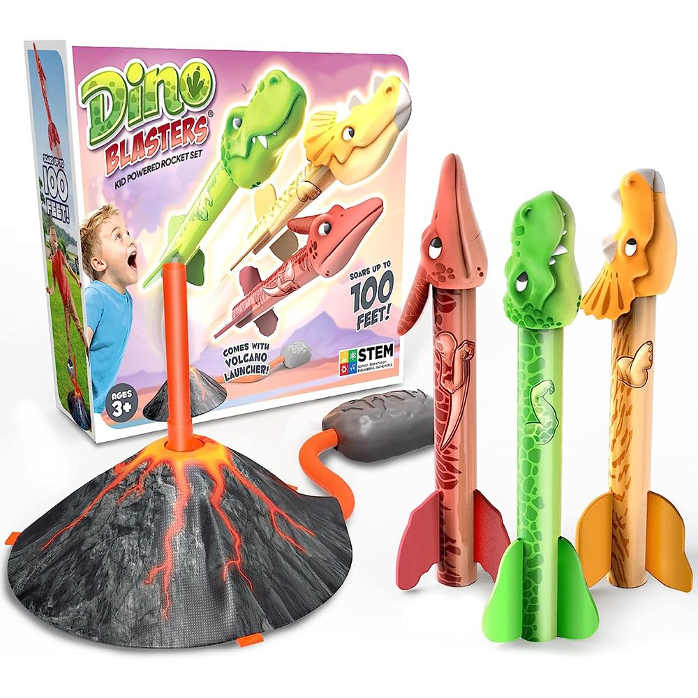 3 PCS Dinosaur Rocket Launcher Toy Set - STEM Outdoor Garden Games for Kids with Catapult & Air Pressure Launching Stairs - Montessori Learning Toys for Boys & Girls - Perfect Birthday Gift for Toddlers (Great for Backyard Play & Preschool STEM Activities)