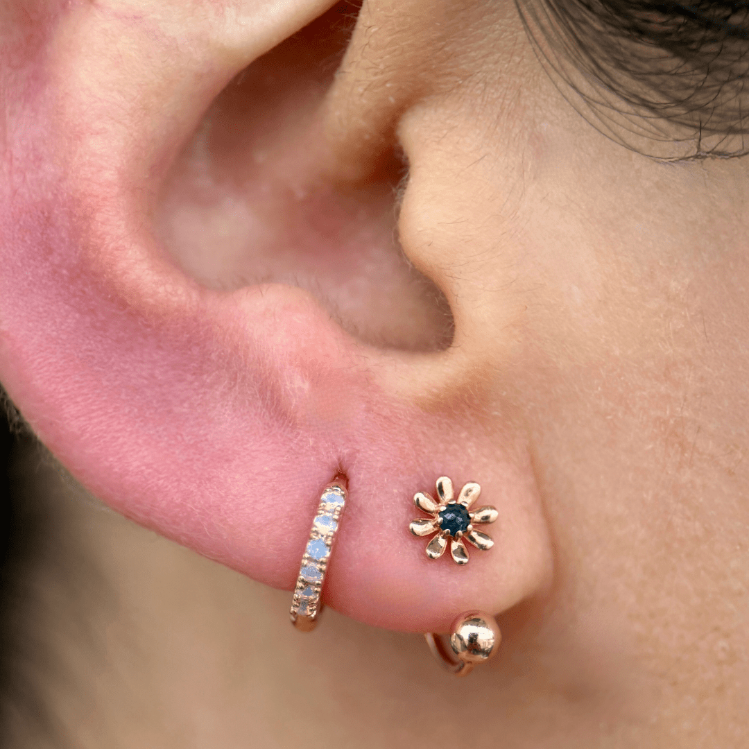 14k Rose Gold Reversible Huggie Hoop Earrings - Blue Diamond Flower & Ball Design | Perfect for Everyday Wear, Date Nights & Special Occasions