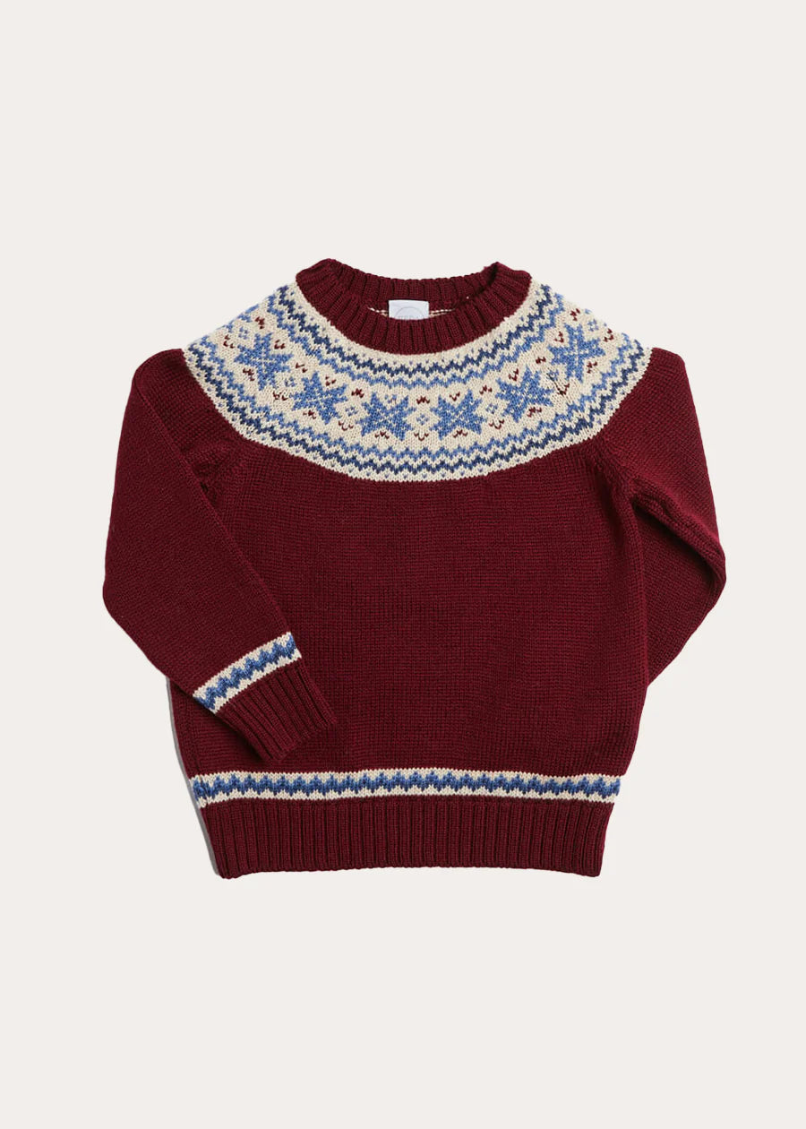 Classic Fair Isle Merino Wool Sweater for Kids - Burgundy Knit Pullover (12 Months to 10 Years) | Warm Winter Wear for Boys & Girls | Cozy Holiday Outfit & Christmas Photoshoot
