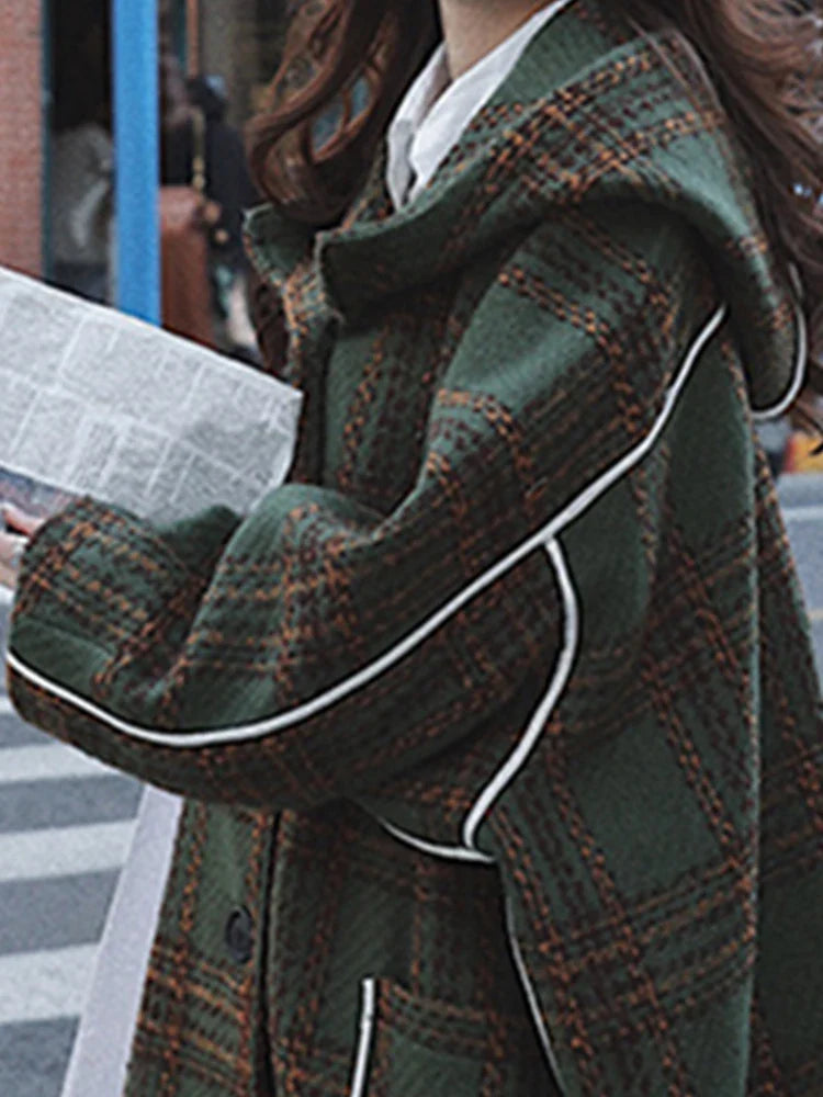Women's Oversized Long Wool Blend Trench Coat with Hood - Warm Plaid Patchwork Design for Autumn Winter | Korean Fashion Runway Style | Perfect for Casual Outings, Office Wear & Cold Weather