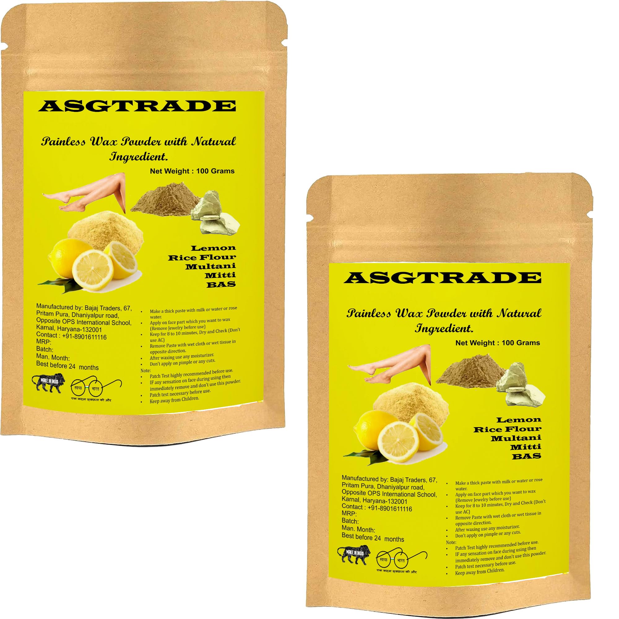 ASGTRADE Lemon 10-Minute Natural Herbal Instant Painless Wax Powder for Men & Women - Bikini, Brazilian & Full Body Hair Removal - 2-Pack Combo | At-Home Hair Removal Solution for Smooth Skin