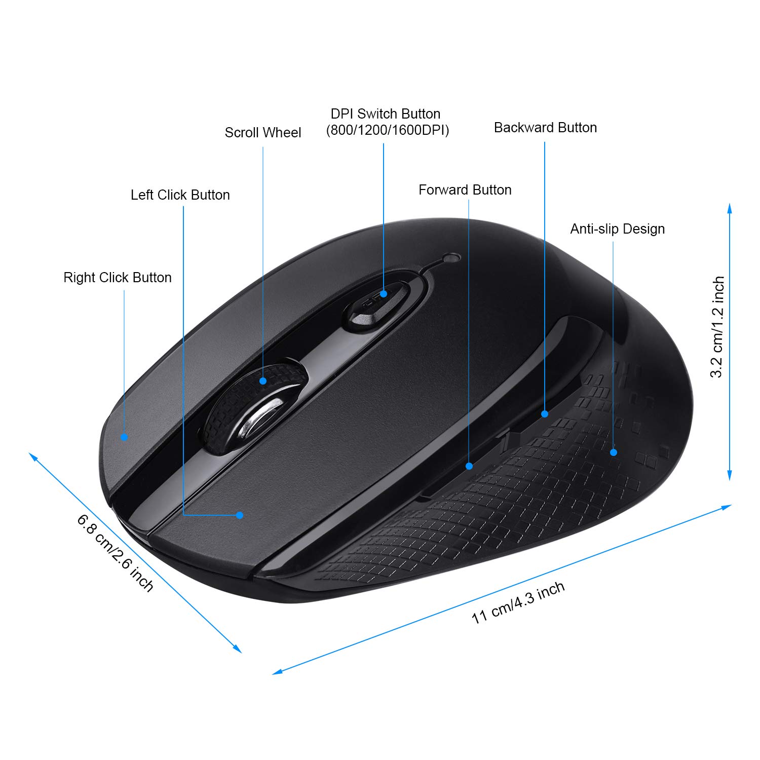 Cimetech Wireless Mouse - 2.4G Ergonomic Optical Mouse with 6 Buttons, Silent Click & 3 Adjustable DPI, USB Receiver for Laptop, Desktop, Mac, PC - Black | Perfect for Office, Gaming & Home Use