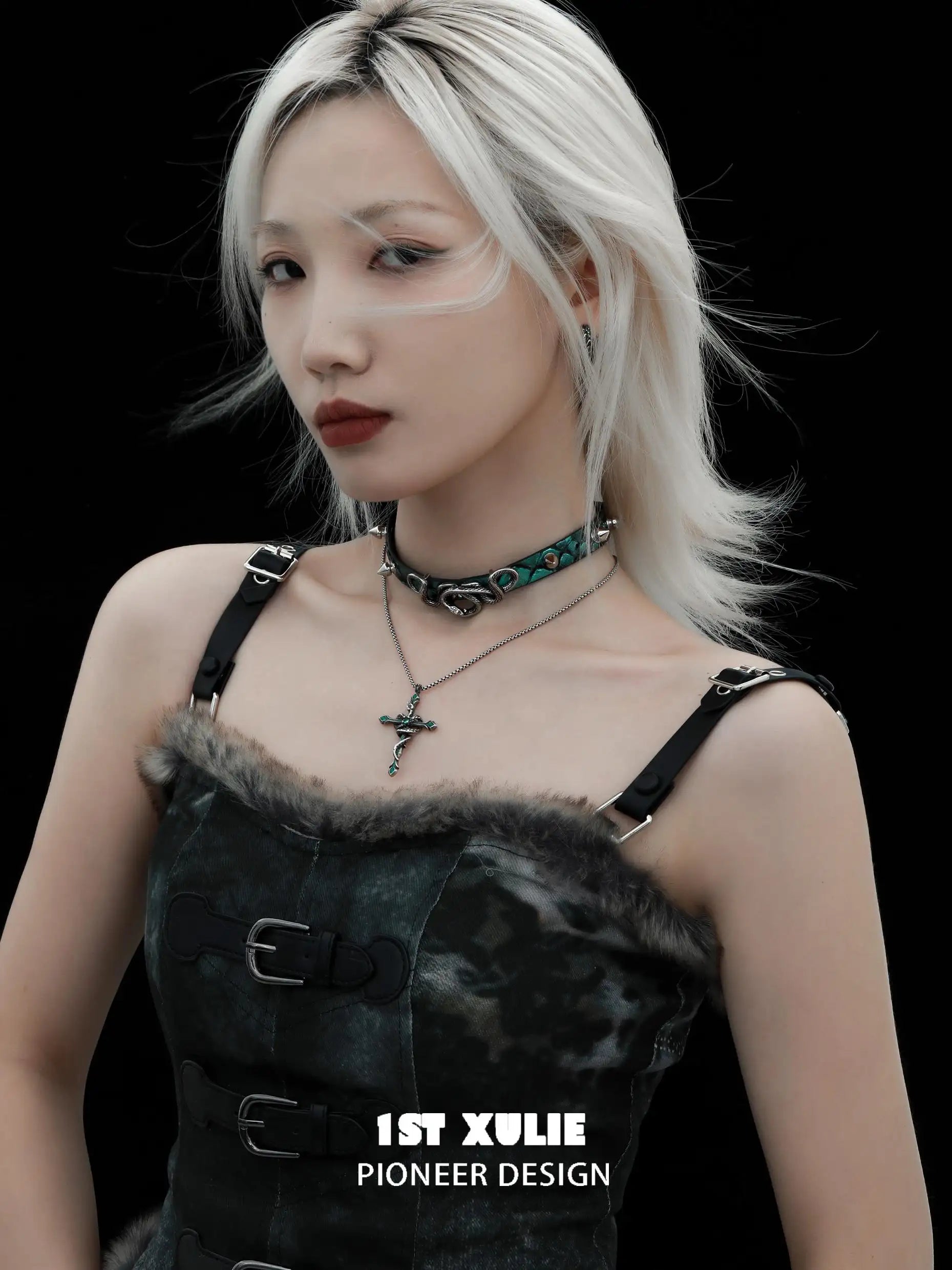 18k Gold Plated Snake Bite Choker Necklace with Leather Rivets - Gothic Punk Jewelry for Women, Perfect for Concerts, Halloween & Alternative Fashion