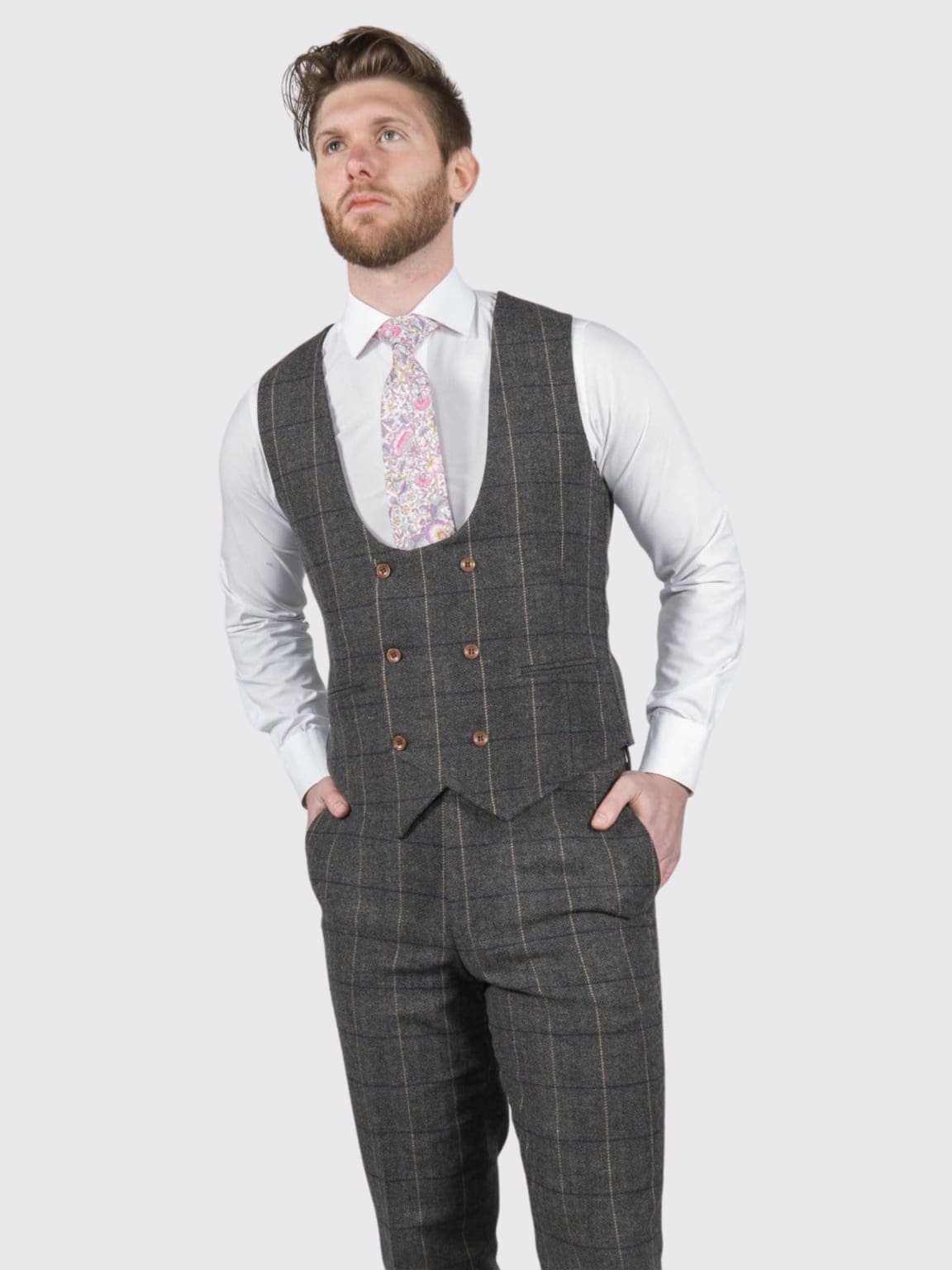 Ezra Men's Grey Herringbone Slim Fit Tweed Waistcoat Vest - Formal & Casual Wear for Weddings, Office & Special Occasions