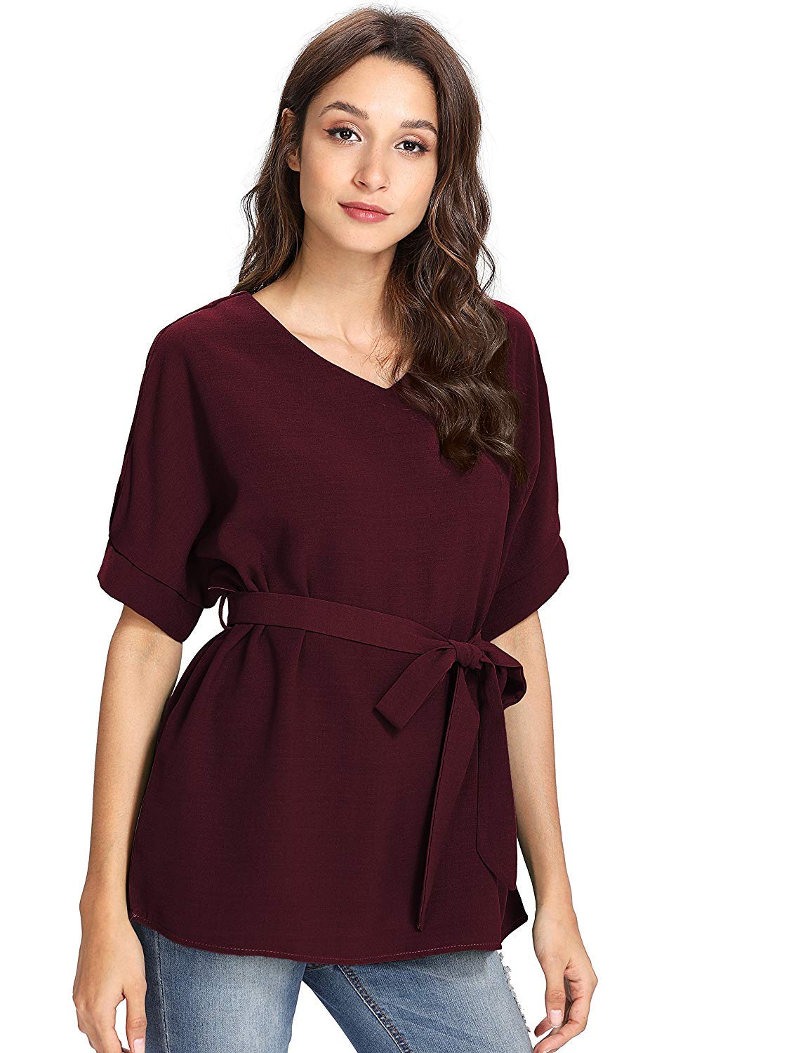 Milumia Women's Casual V-Neck Self-Tie Short Sleeve Blouse Tunic Top | Office Work & Summer Outfit Essential