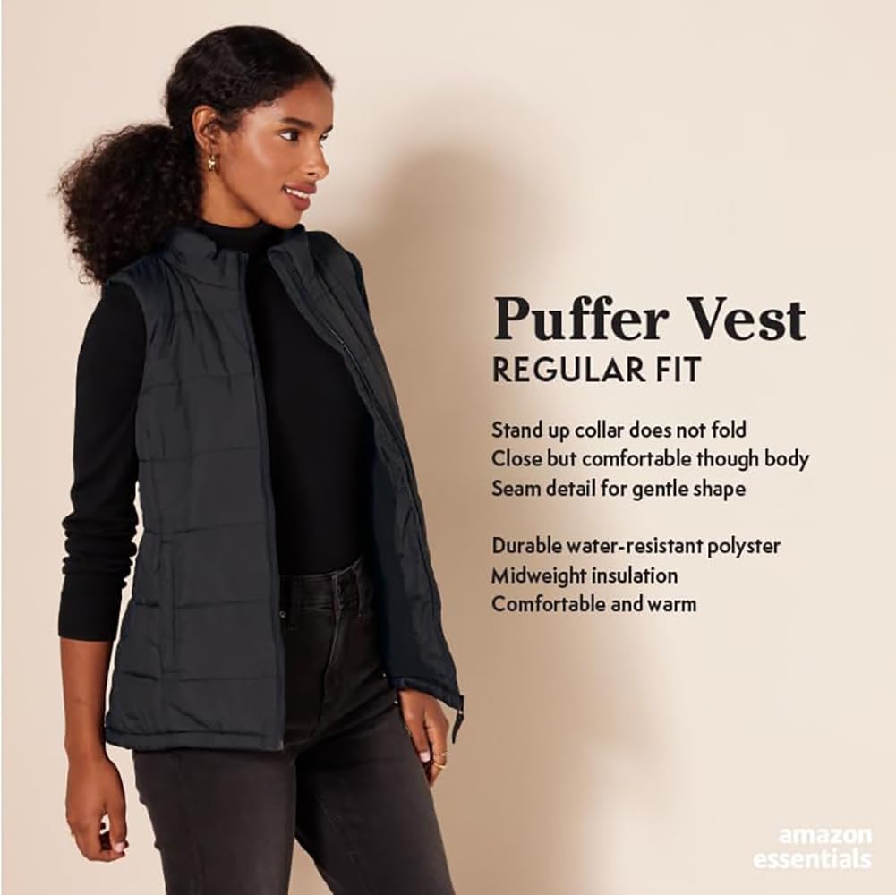 Amazon Essentials Women's Mid-Weight Puffer Vest - Lightweight Quilted Down Alternative Jacket for Outdoor Activities, Hiking & Casual Wear