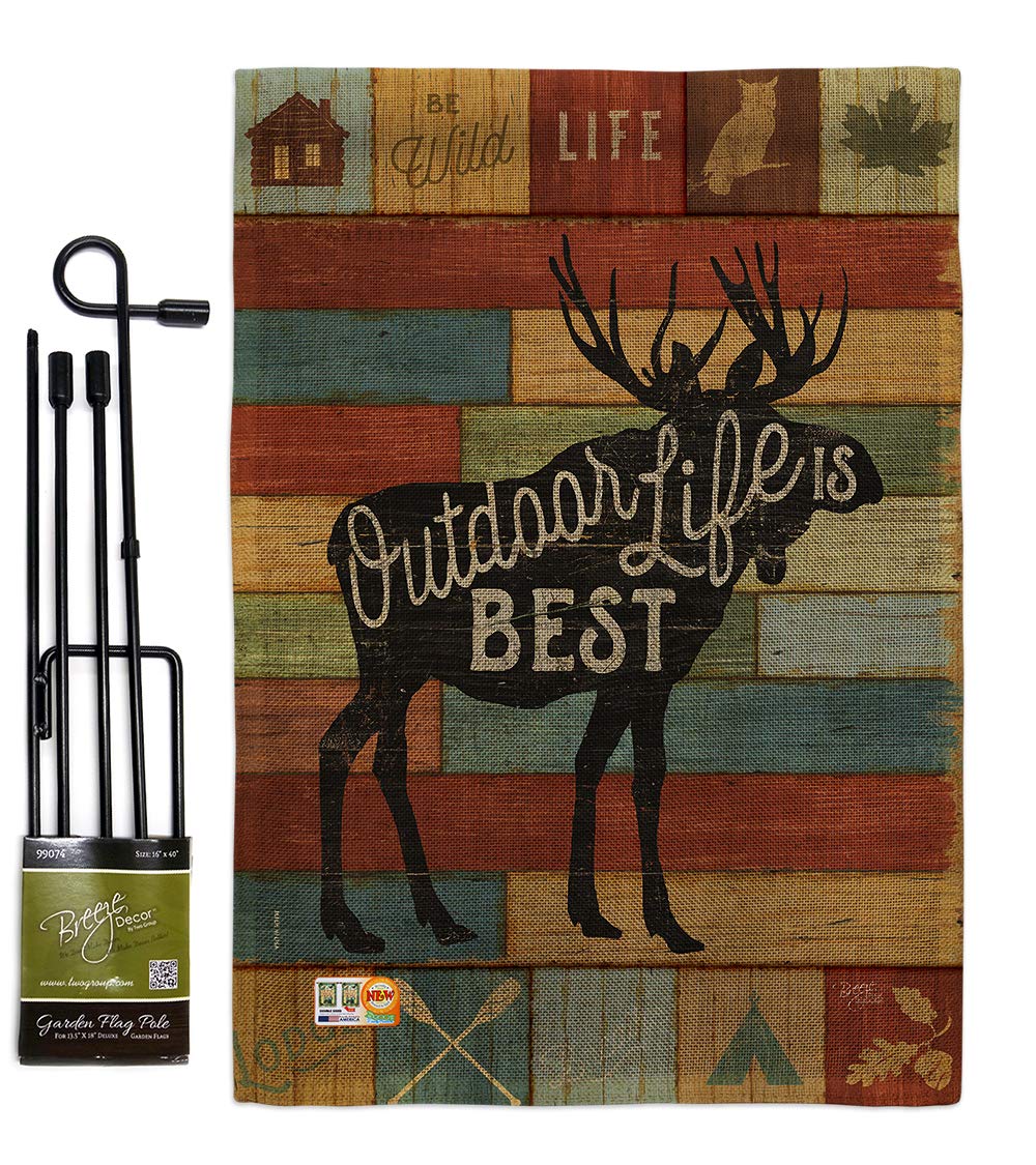 Double-Sided Burlap Garden Flag Set with Stand - Rustic Lodge Lake Cabin Moose Wildlife Design - 13x18.5 Inch Outdoor Decorative Banner for Yard, House, Cabin - Perfect for Forest Adventures, Camping Gifts & Cabin Decor - Made in USA