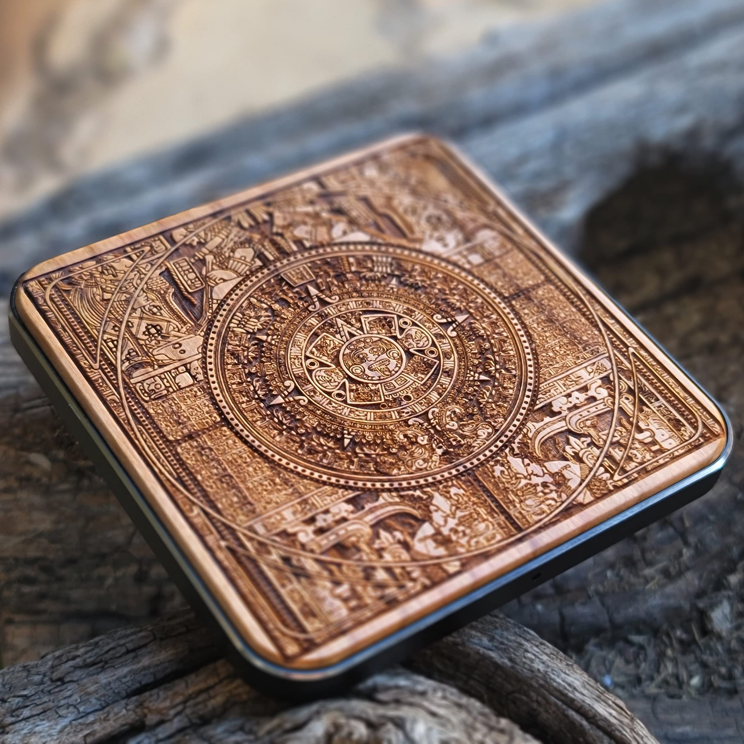 15W Fast Qi Wireless Charger Pad - Laser Engraved Aztec Calendar Cherry Wood with Black Aluminum Base | Compatible with iPhone 16, Galaxy S25/S24 | Tribal Art Desk Decor for Home & Office | Perfect Gift for Tech Lovers & Art Enthusiasts