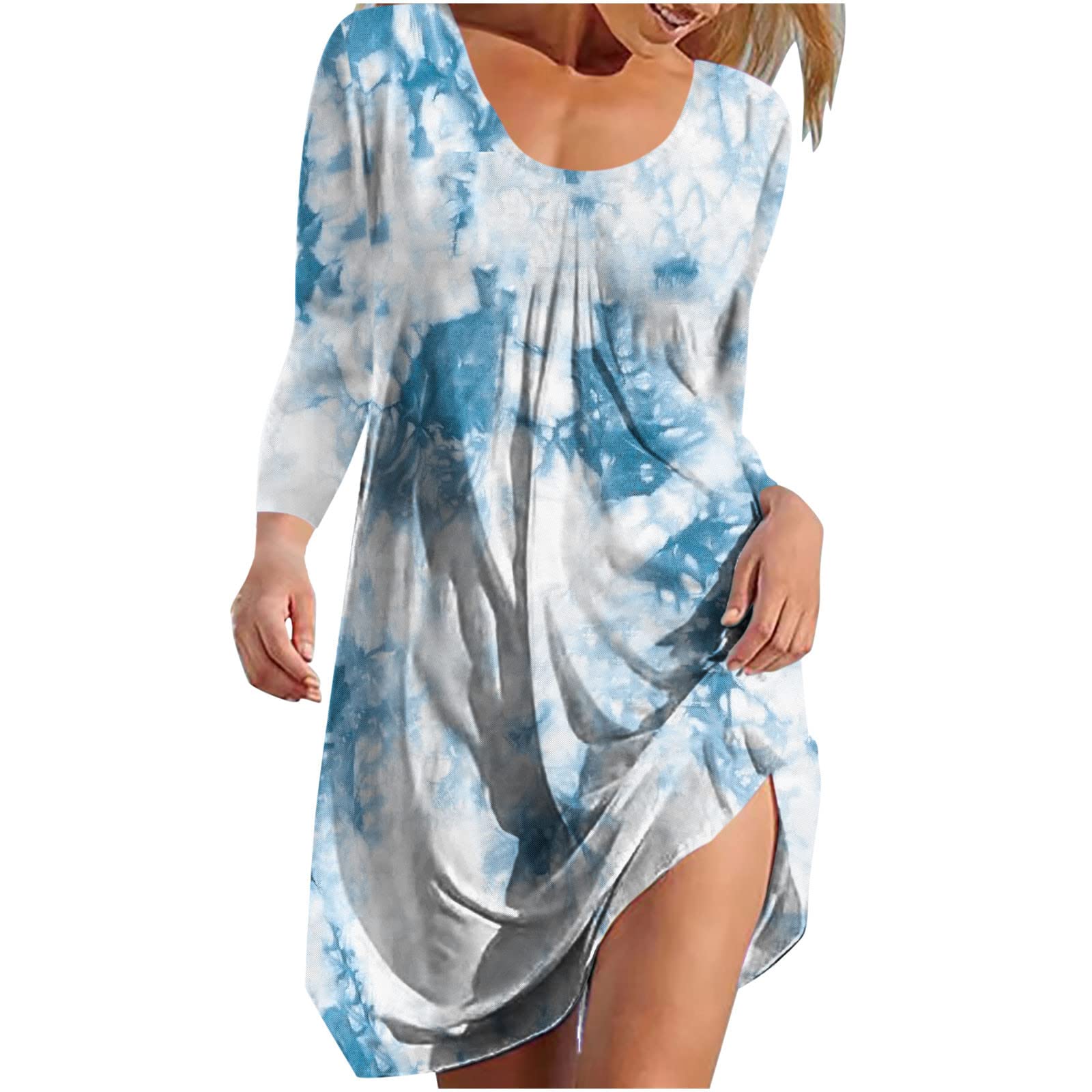 Plus Size Women's Fall Dresses - Long Sleeve Formal Tunic Dress in Light Blue | Casual Loose Fit for Work, Parties & Special Occasions