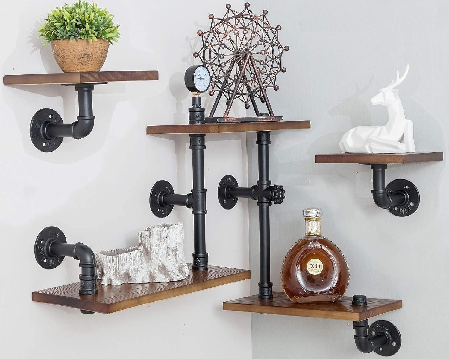 Industrial Rustic Modern Wood Ladder Pipe Wall Mounted Floating Shelves - Set of 3 DIY Bookshelves for Home Office, Bedroom & Living Room Storage - Space Saving Wall Shelving Unit with Sturdy Metal Brackets