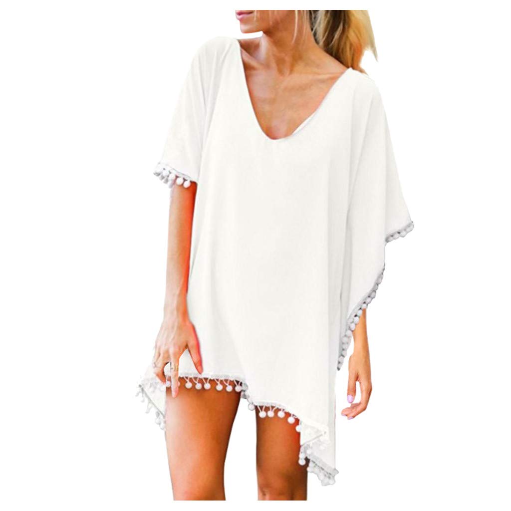 Women's Two Piece Bathing Suits & Basic Blouse Top Set - White, Size L | Beachwear, Pool Party, Summer Vacation Outfits