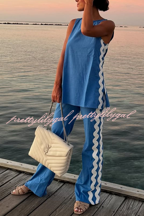 Tash Linen Blend Ric Rac Wave Trim Tank Top & Elastic Waist Pocket Flare Pants Set | Women's Casual Summer Outfit for Beach, Vacation & Boho Style