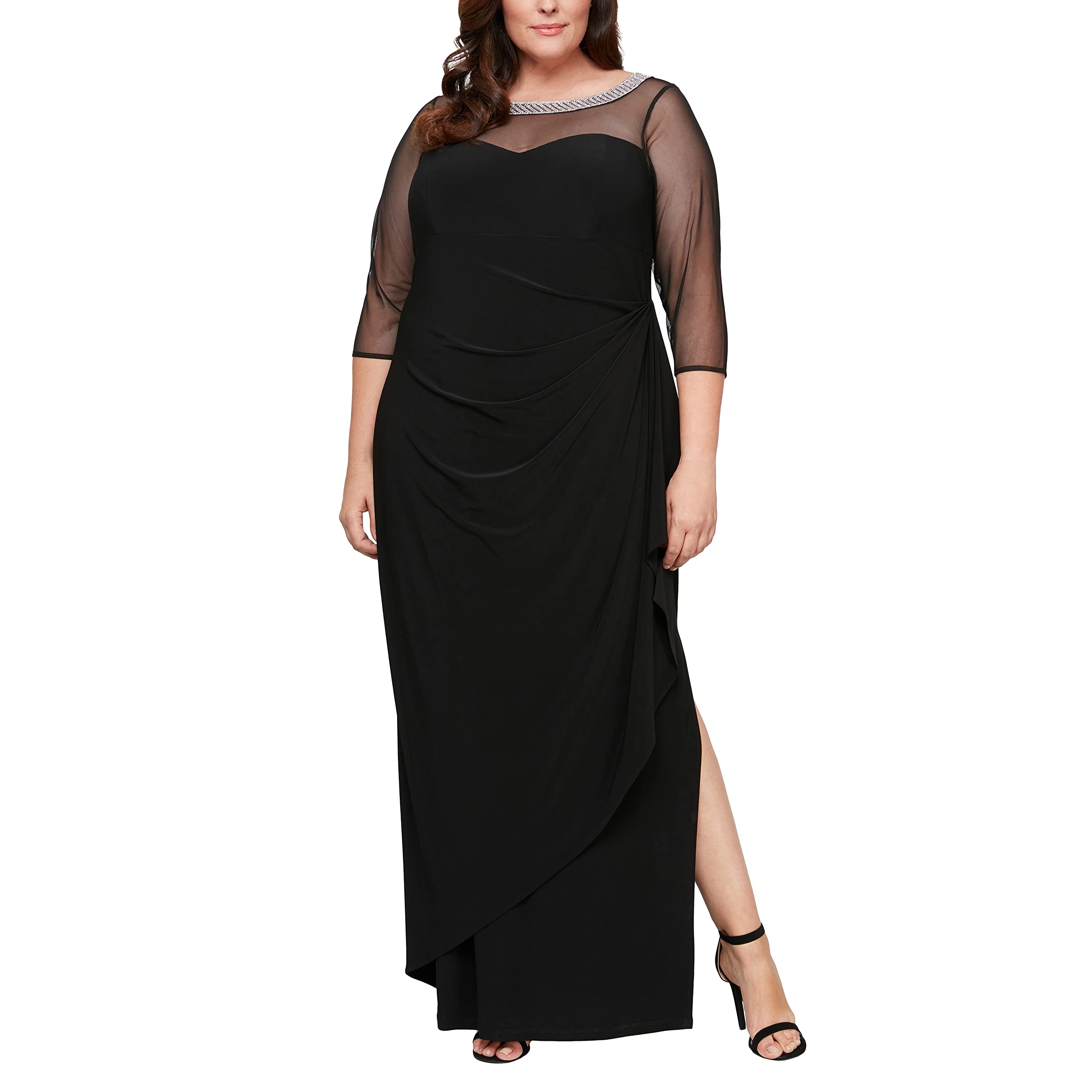 Alex Evenings Women's Plus Size Long Matte Jersey Mother of The Bride Dress with 3/4 Sleeves - Elegant Wedding Guest Dress for Formal Occasions, Evening Events and Special Celebrations