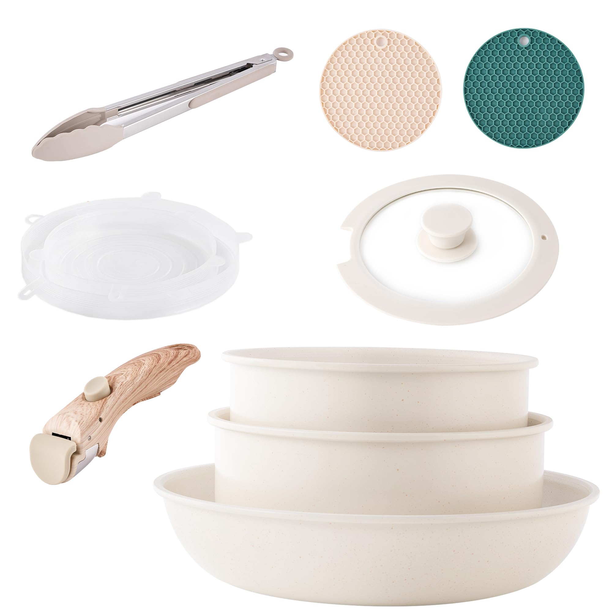 Premium Nonstick Cookware Set with Detachable Handles - 3-Piece Induction Kitchen Pots & Pans, Oven & RV Safe (Beige) - Perfect for Camping, Small Kitchens & College Dorms