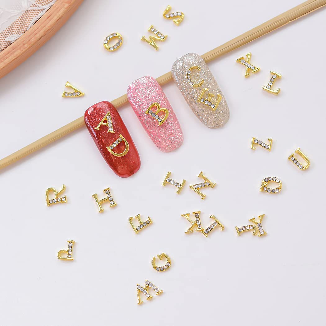 WOKOTO 52pcs Gold Silver Nail Charms Set - 3D Alphabet Letters & Rhinestones for Nail Art - DIY Manicure Decorations for Parties, Weddings, and Special Occasions