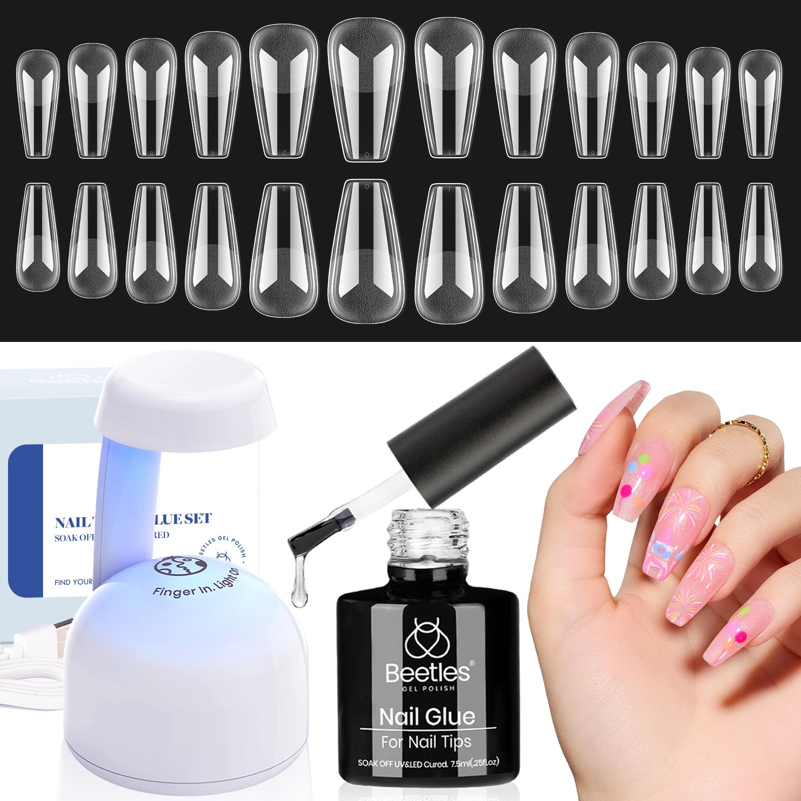 Beetles Gel Nail Kit - 504Pcs Half Matte Medium Coffin Nail Tips with Etch X Tips, 5-in-1 Nail Glue, Base Gel & LED Lamp for DIY Nail Art at Home | Perfect for Salon-Quality Manicures, Nail Extensions & Professional Nail Designs