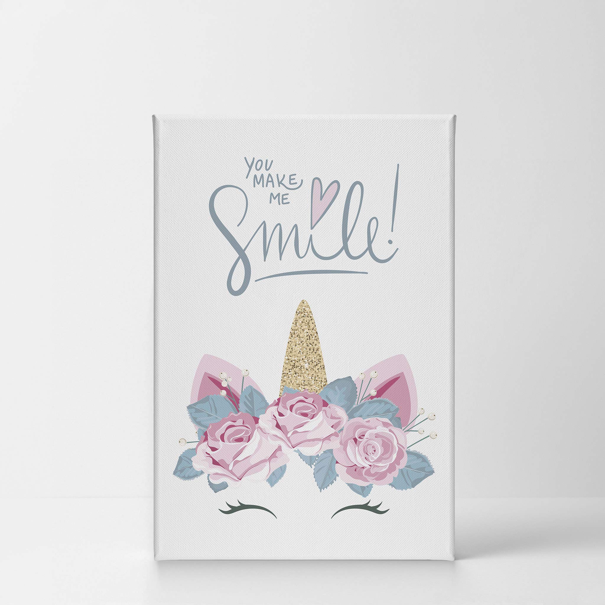 Golden Horn Unicorn with Pink Flowers Canvas Print - Inspirational Quote Wall Art for Kids Room, Nursery & Baby Room Decor - Ready to Hang 12x8 Inch Made in USA | Perfect Birthday Gift & Bedroom Wall Decoration