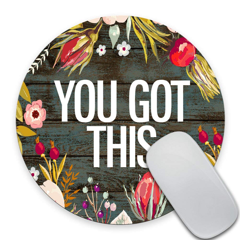 SSOIU Custom Inspirational Quote Round Mouse Pad - Vintage Floral Wreath Print, Rustic Wood Art Design, Cute Funny Circular Mousepad for Office & Home Workspace