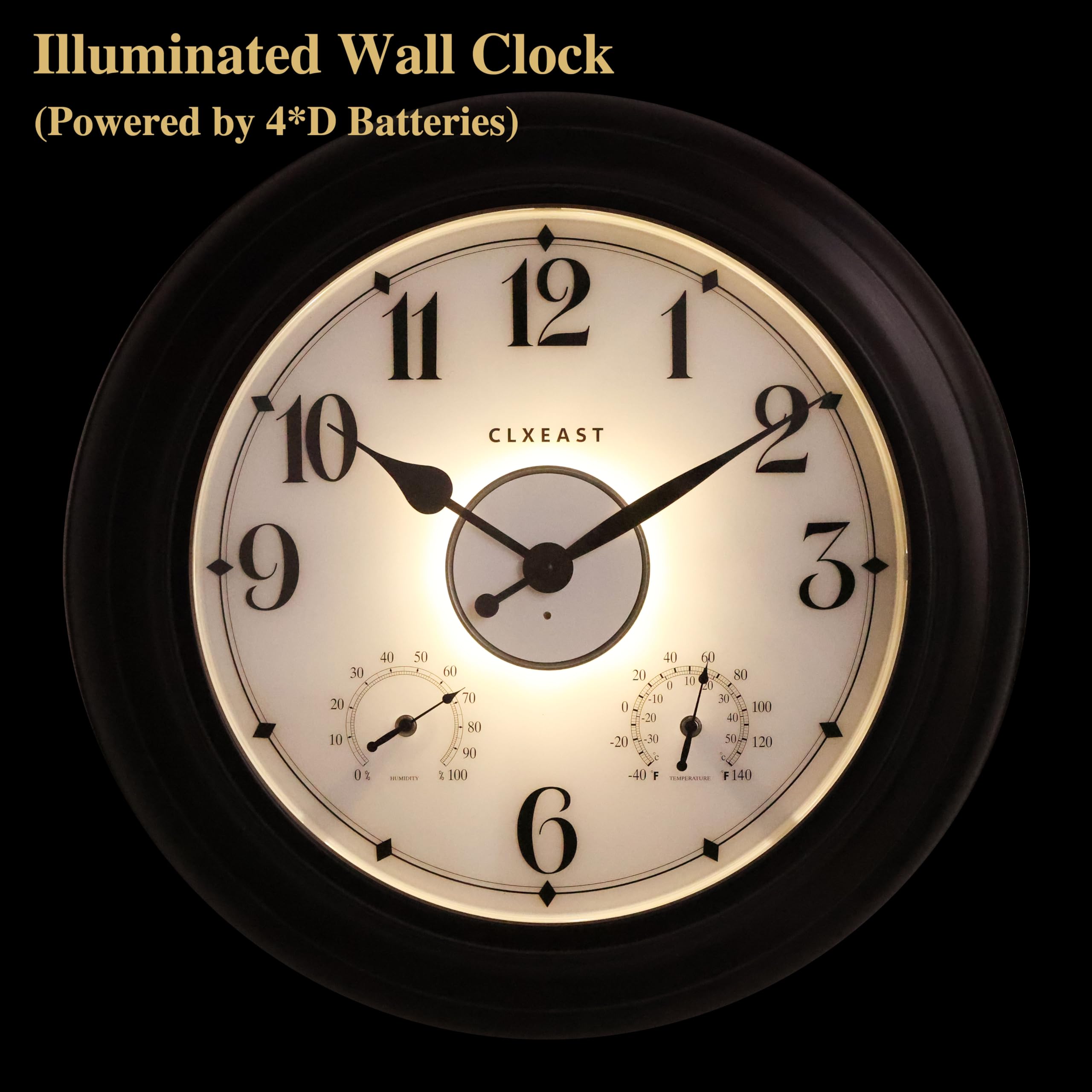 CLXEAST 24 Inch LED Outdoor Metal Clock - Waterproof, Large Lighted Wall Clock with Temperature & Humidity Display - Oil Rubbed Bronze Black - Perfect for Patio, Garden, Backyard & Easter Decorations