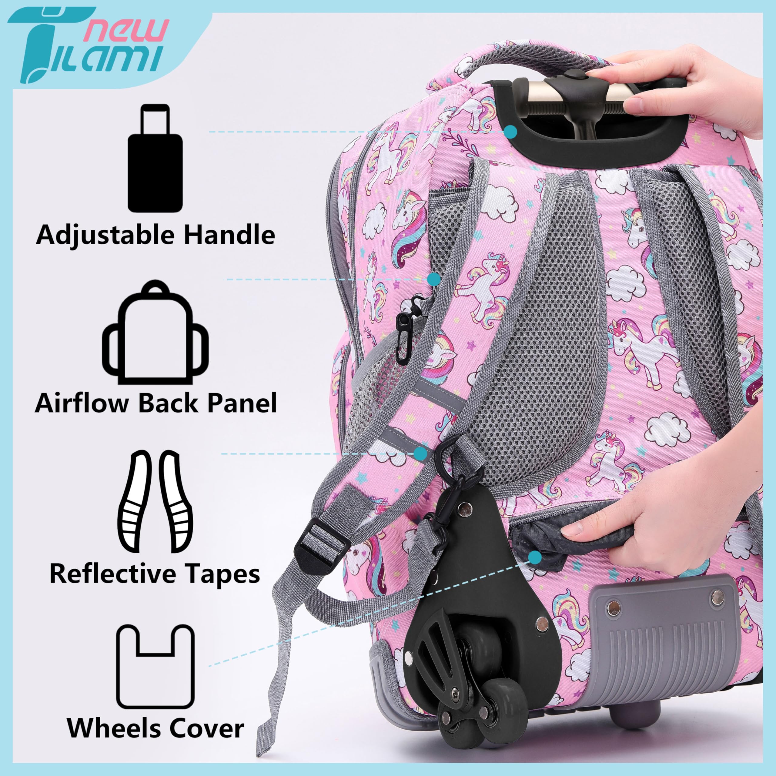 TILAMI Unicorn Rolling Backpack for Kids - 18 Inch Adjustable Wheeled Laptop Backpack for Girls & Boys, School Travel Backpack with Wheels, Perfect for School, Travel, Camping & Daily Use