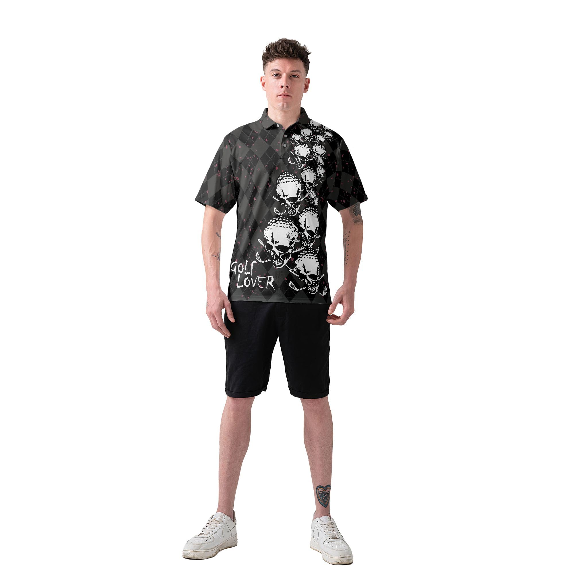 HYPERFAVOR Men's Skull Print Quick-Dry Golf Polo Shirt - Breathable Short Sleeve Performance Shirt for Golfing, Casual Wear & Outdoor Activities