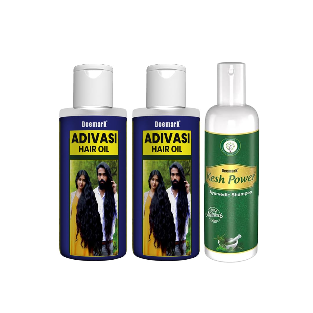 DEEMARK Ayurvedic Adivasi Hair Oil & Shampoo Combo Set - 300ml (2+1) | Anti Hair Fall Treatment | Express Spa Hair Care for All Hair Types | Promotes Hair Growth & Reduces Breakage | Perfect for Daily Hair Care & Relaxing Spa Treatments at Home