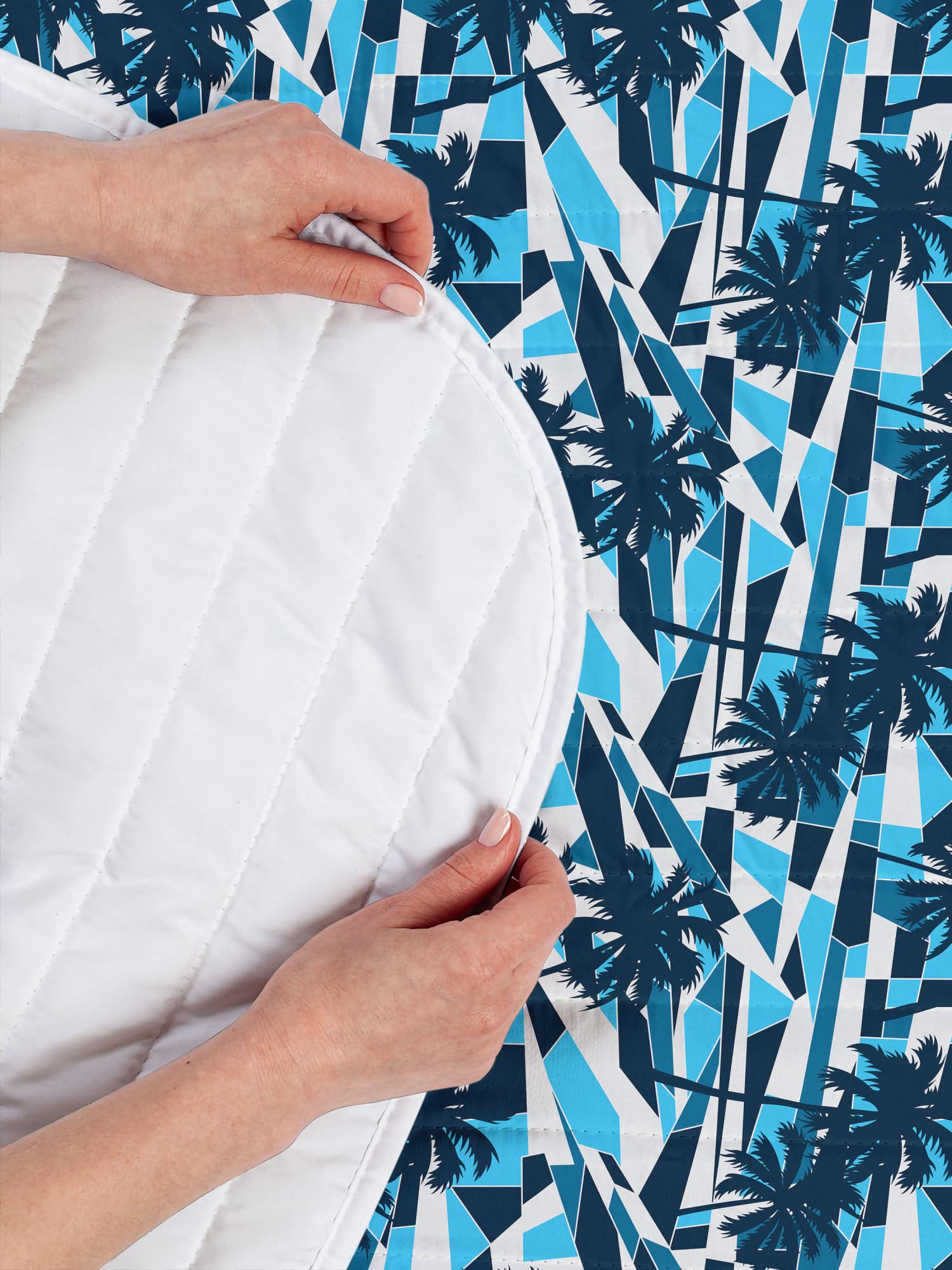 Ambesonne Blue Geometric Palm Tree Microfiber Bedspread Set - Twin Size Soft Comforter with Pillow Sham | Tropical Beach Theme Bedding for Guest Room & Vacation Homes (Dark Blue/White)