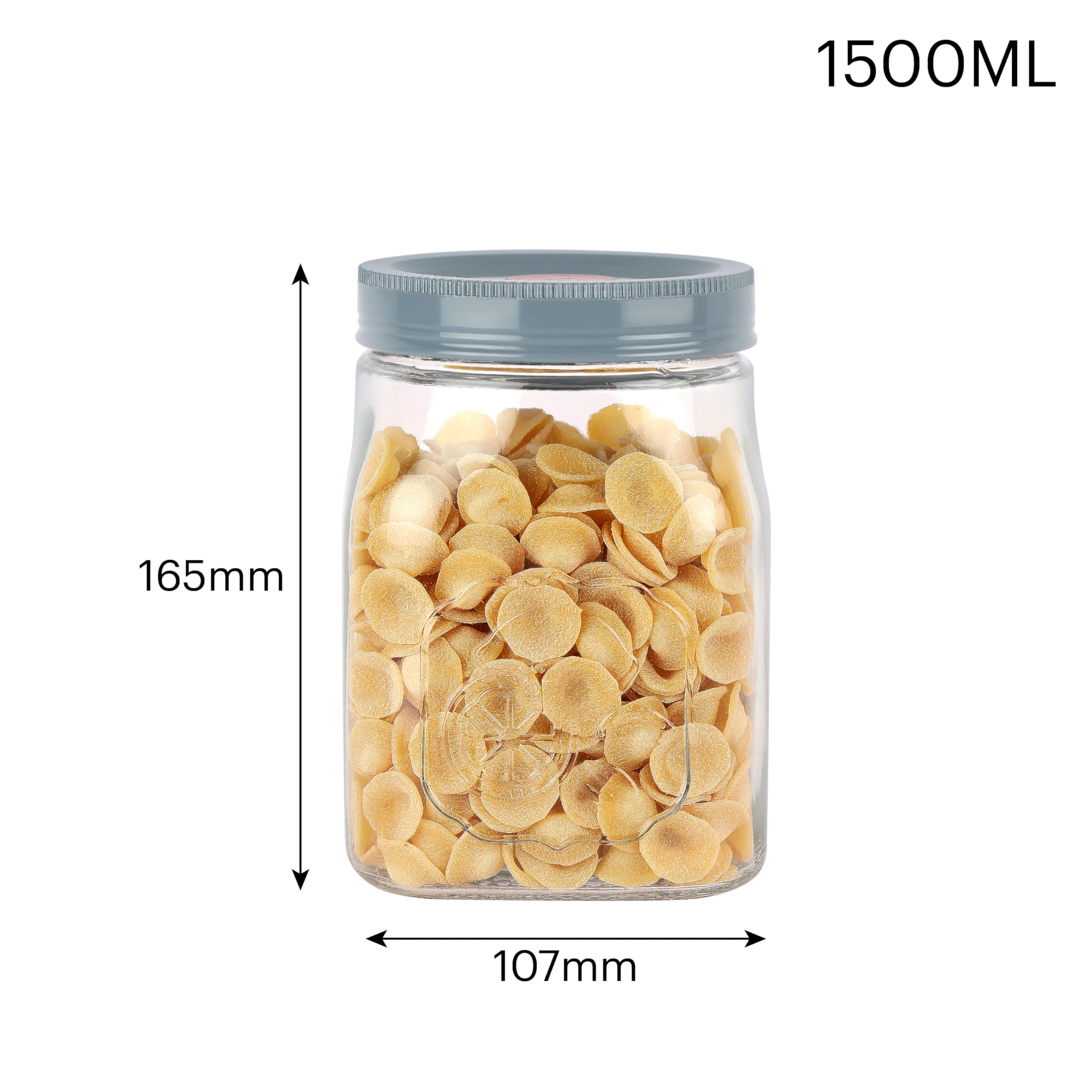 Premium Glass Canister with Airtight Silver Metal Lid - 1500ml Grey Food Storage Container for Kitchen Pantry, Dry Fruits, Spices & Coffee | Ideal for Home Organization & Meal Prep