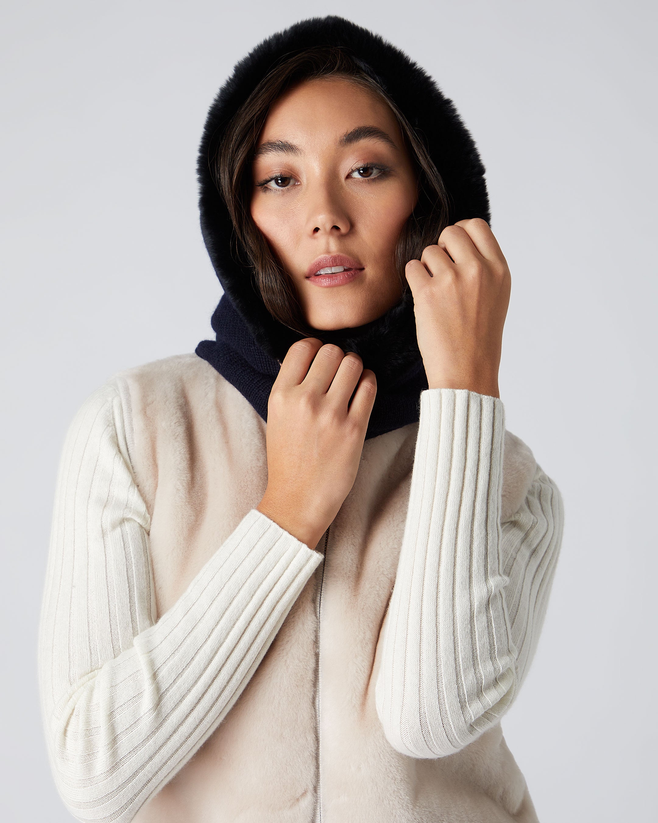 Women's Navy Blue Fur Trim Ski Hood - Winter Warm Fleece-Lined Hood for Skiing & Snowboarding - Perfect for Cold Weather Outdoor Activities