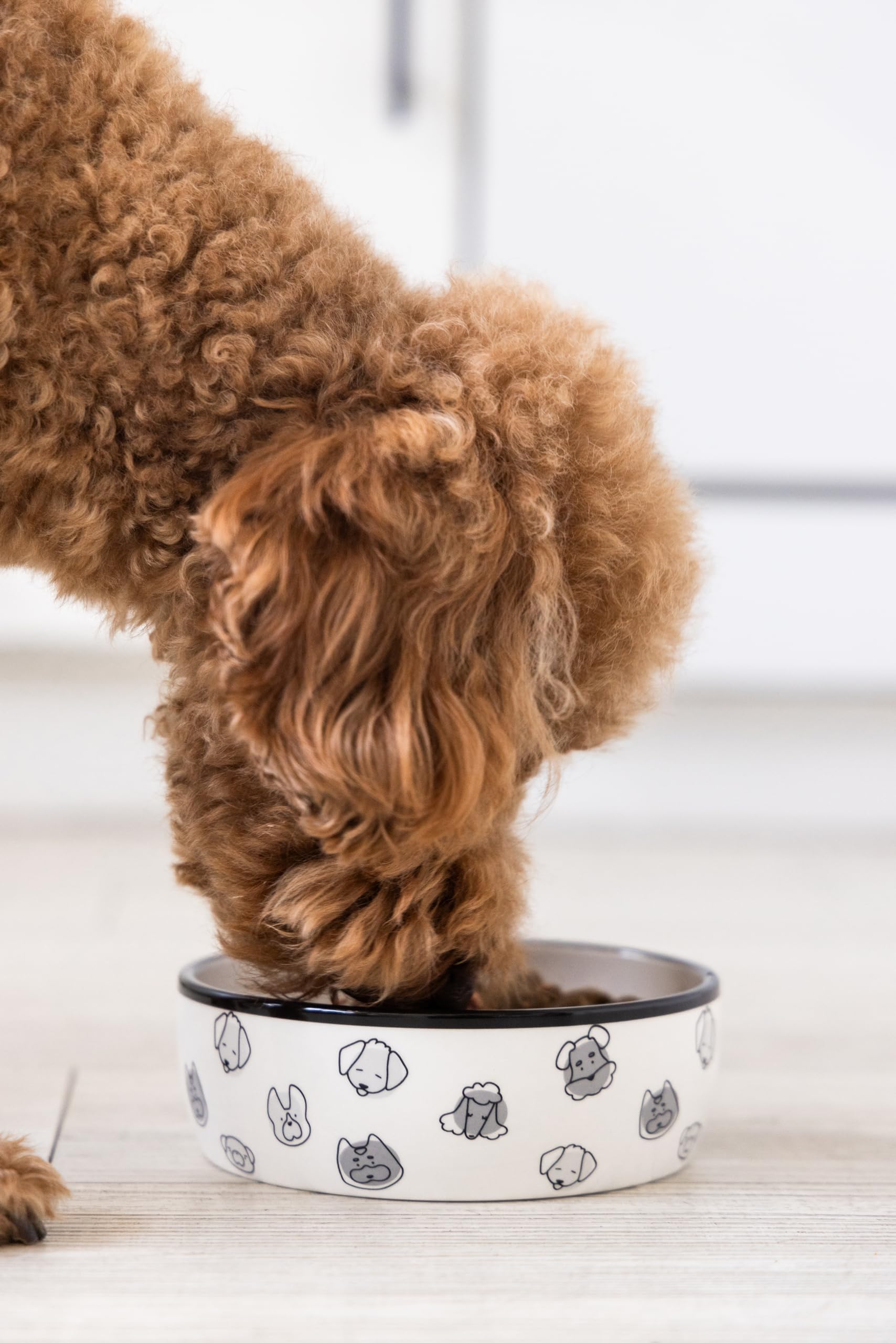 Pearhead Gray Dog Faces Pattern Ceramic Dog Bowl - 2 Cup Capacity Medium Pet Food & Water Dish - Microwave & Dishwasher Safe - Perfect for Indoor & Outdoor Feeding