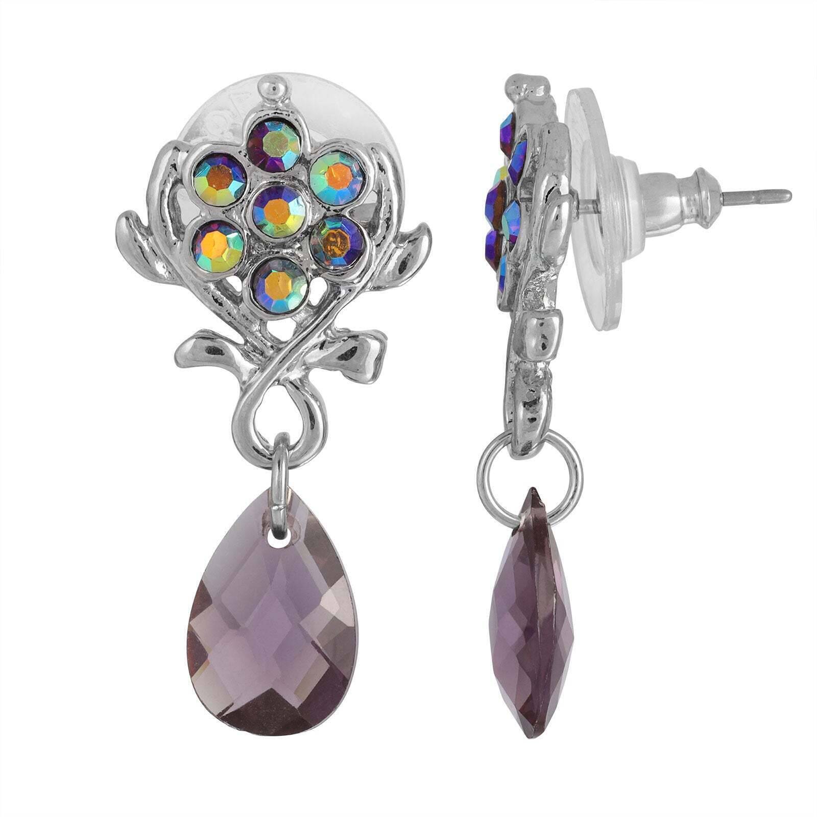 1928 Jewelry AB Flower Crystal Amethyst Teardrop Post Earrings for Women - Vintage Inspired Dangle Earrings for Wedding, Party & Special Occasions