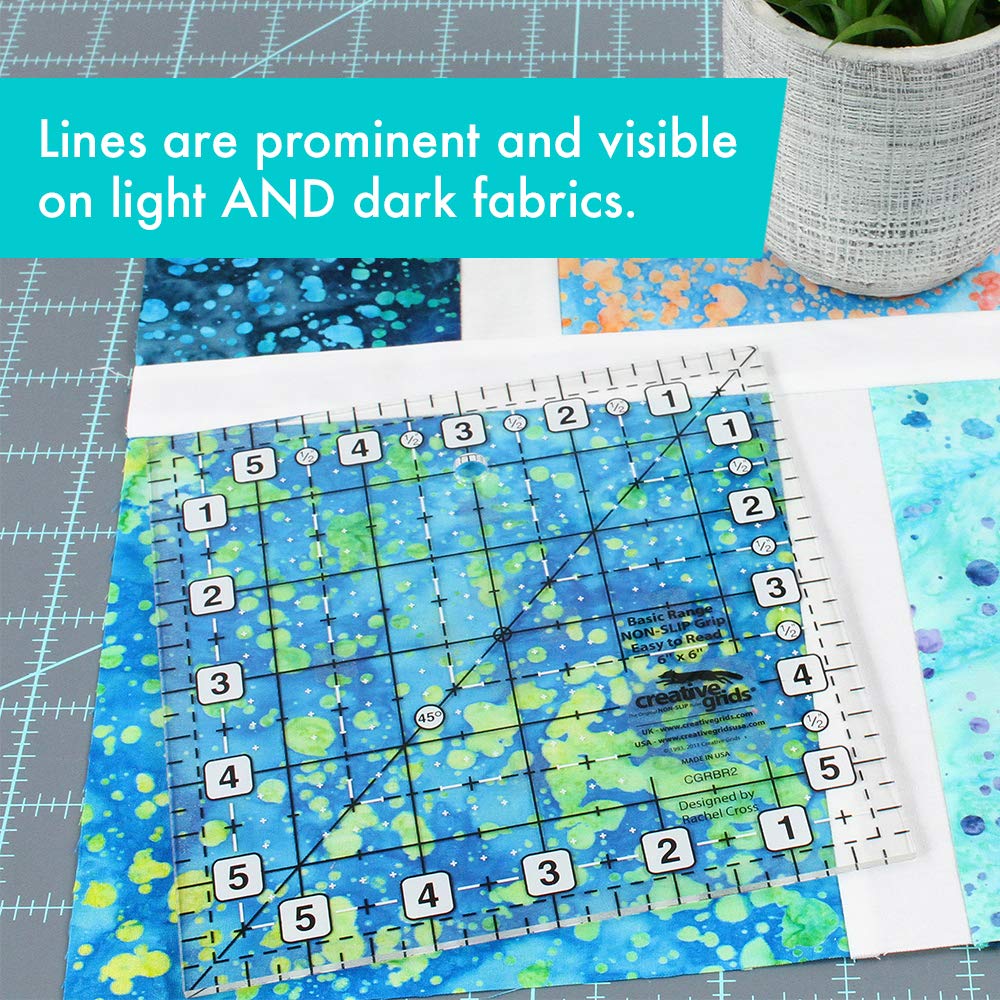 Creative Grids CGRBR2 6-Inch Square Quilt Ruler - Non-Slip Measuring Tool for Patchwork, Sewing & Quilting Projects - Perfect for DIY Crafting and Fabric Cutting