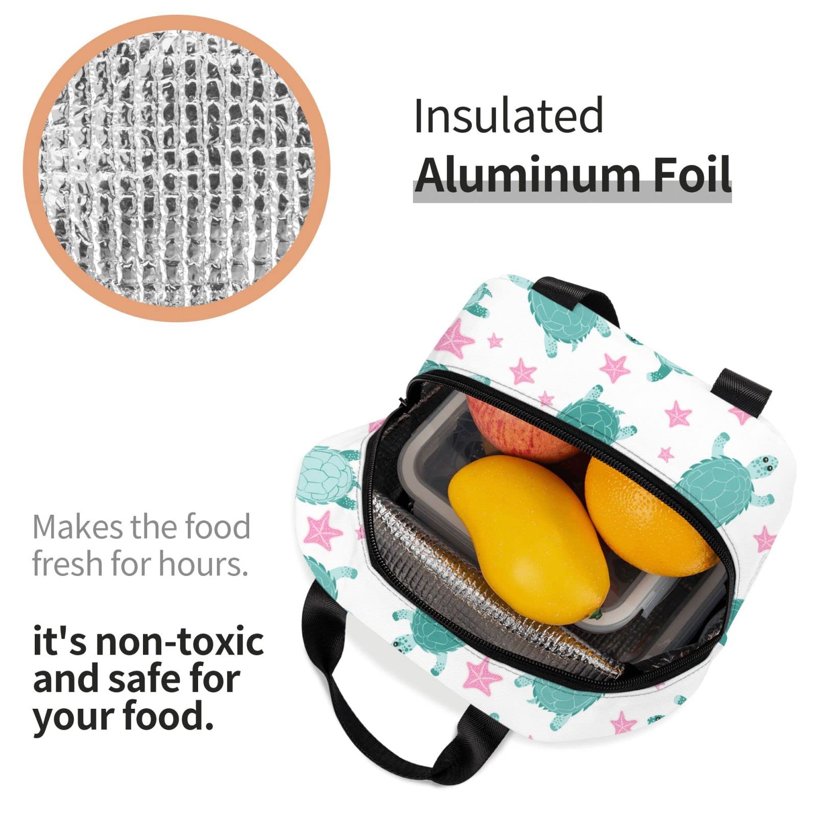 Insulated Lunch Box with Summer Turtle & Starfish Pattern - Reusable Meal Container for School, Work, Travel & Picnic | Portable Tote Bag for Teens, Boys & Girls