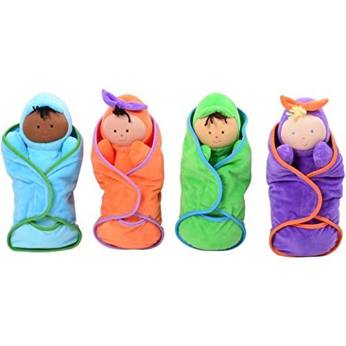 Constructive Playthings Soft Swaddle Baby Dolls with Matching Pockets - Multicultural Doll Set of 4 for Daycare, Circle Time & Early Learning | Hook & Loop Closure, All Ages, Multicolor | Perfect for Role Play, Social Development & Inclusive Playtime