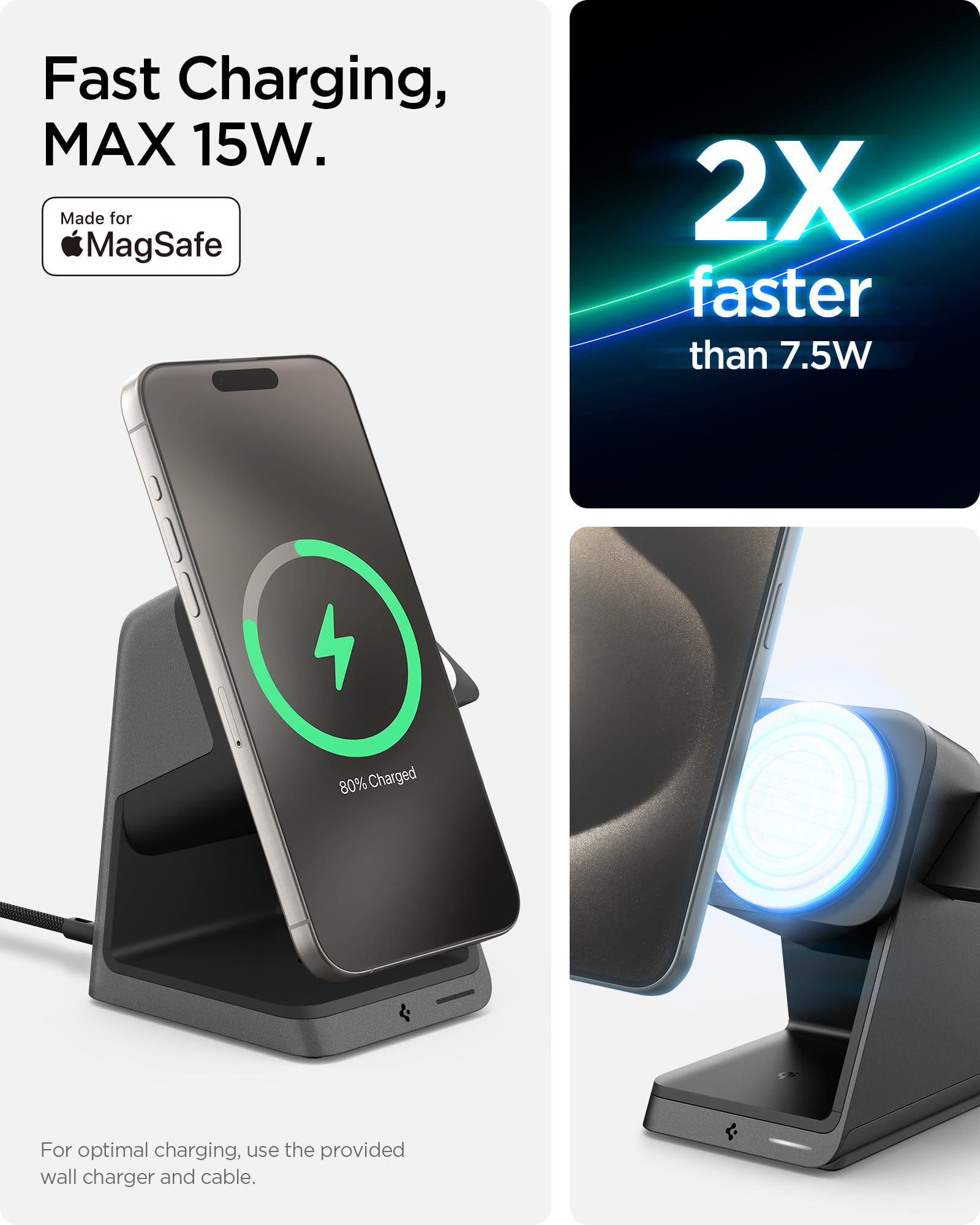 Spigen 3-in-1 Wireless Charging Station | Certified MagSafe Charger Stand with 15W Fast Charging for iPhone 16 Series (Pro Max/Pro/Plus) & iPhone 15/14/13 | Compatible with AirPods, Apple Watch 10 & Ultra 2 | Perfect for Home, Office & Travel Use