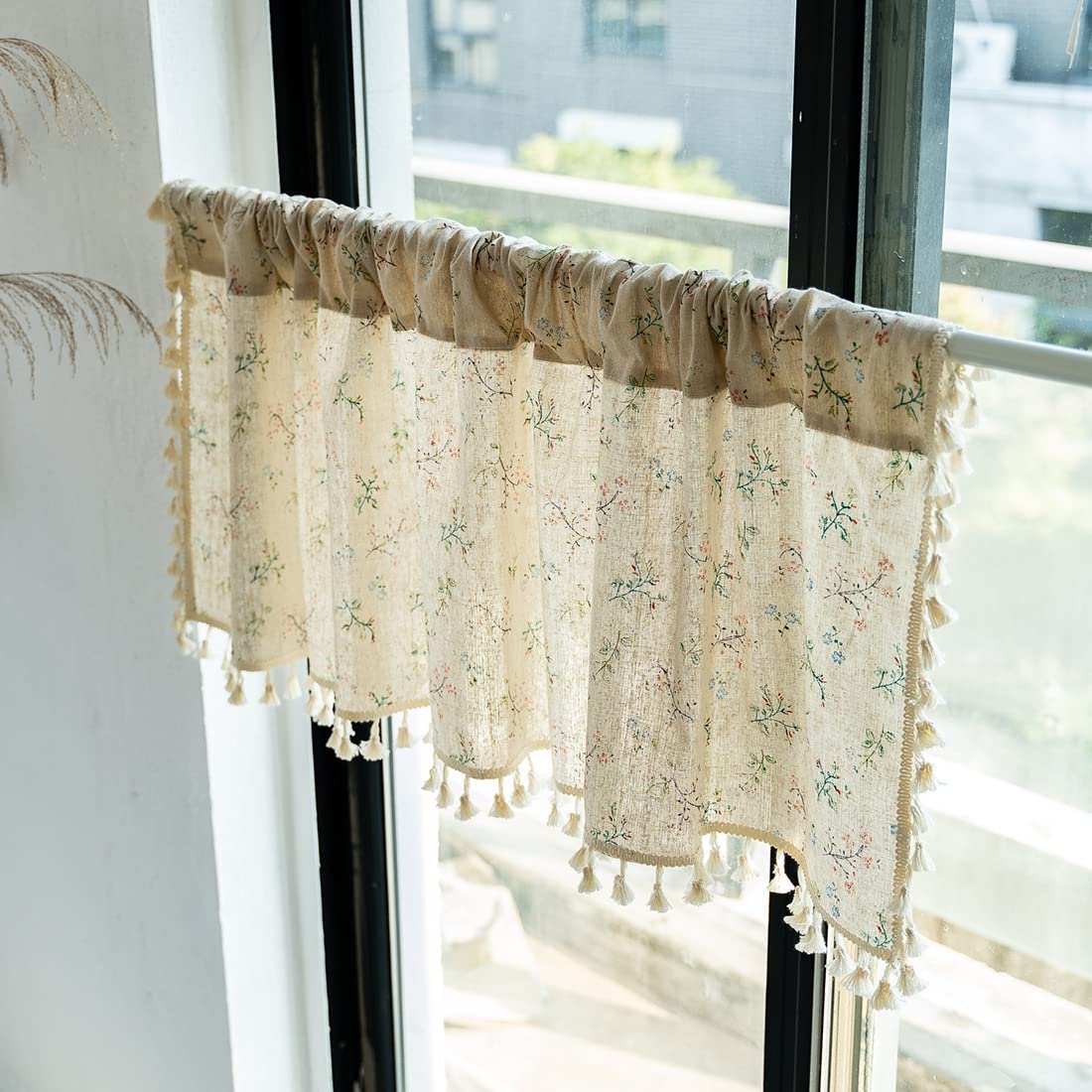 Boho Floral Printed Valance Curtains with Tassels - Cotton Linen Semi Sheer Rod Pocket Short Kitchen Cafe Curtains - 1 Panel (52
