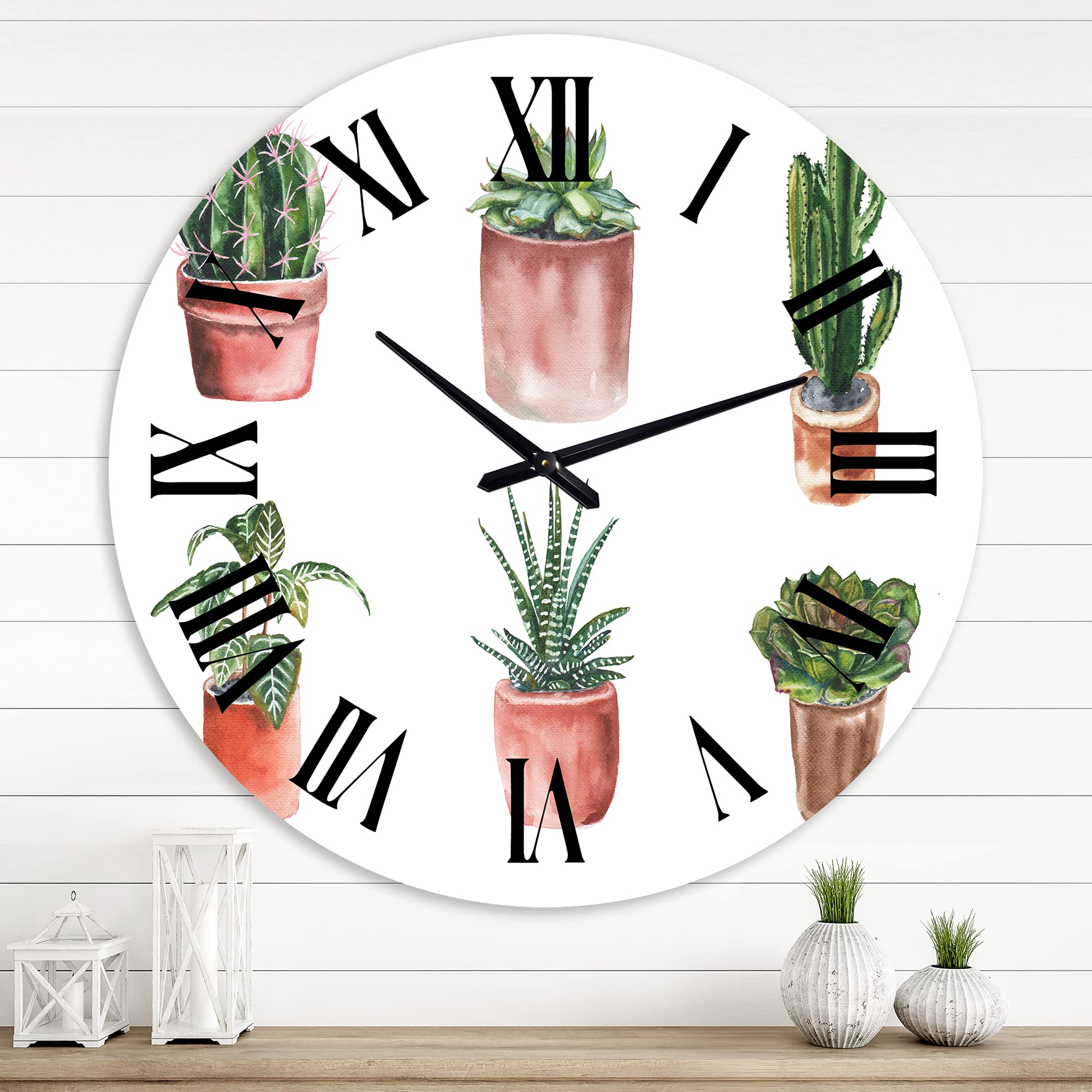 DesignQ Traditional Wall Clock - Large Floral & Botanical Wall Decor with 'Flowers in A Pot Cacti and Succulents' Design for Living Room, Bedroom, Office | Silent Non-Ticking Clock for Home & Office Decor