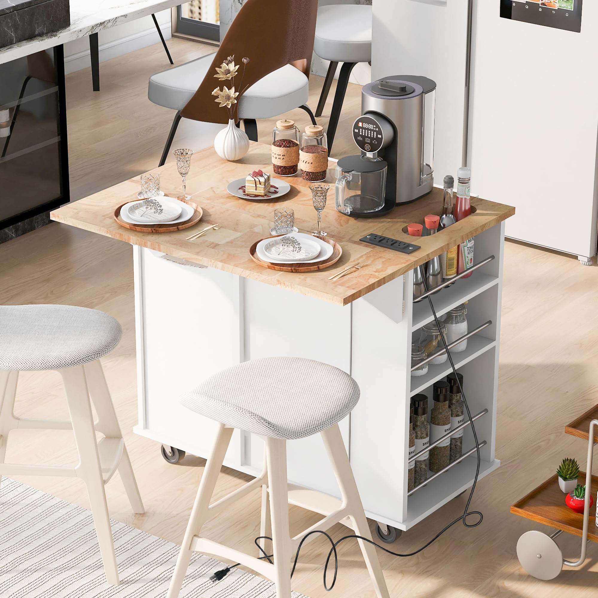 Premium Kitchen Island Cart with Power Outlet & Wine Rack - 39.8