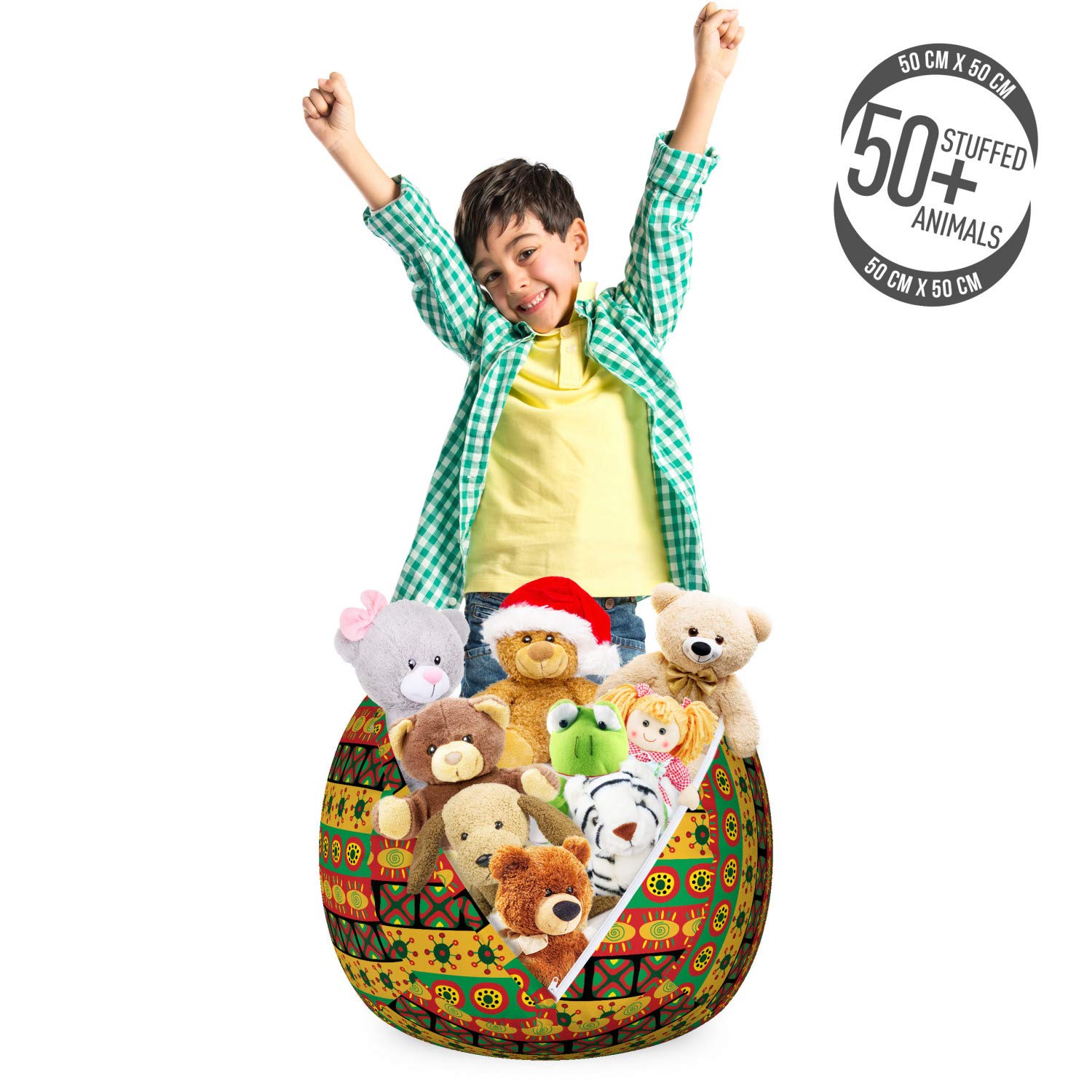 Ambesonne Tribal Toy Storage Bag Chair - Washable Stuffed Animal Organizer with Classic Cultural Circle & Square Motifs, Small Multicolor - Perfect for Kids' Room, Nursery & Playroom Organization