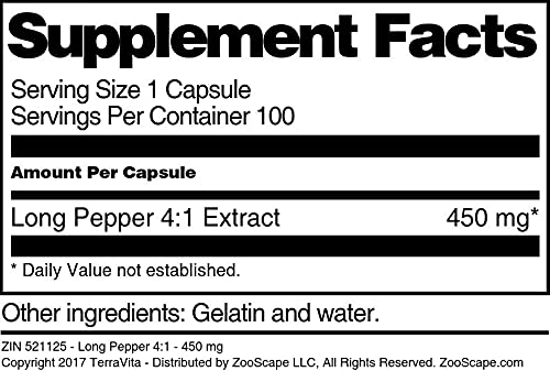 Long Pepper 4:1 Extract 450mg - 100 Capsules (ZIN: 521125) | Natural Supplement for Digestion & Metabolism Support | Perfect for Ayurvedic Wellness & Herbal Remedies