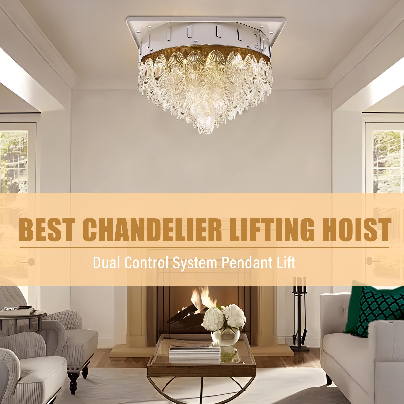 220LBS 13.12FT Motorized Chandelier Hoist Lift System - Heavy Duty Electric Ceiling Light Lifter with Wall Switch & Remote Control - Perfect for High Ceiling Homes, Villas, and Event Venues