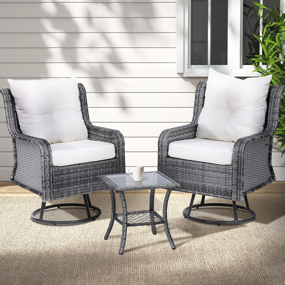 3-Piece Outdoor Patio Furniture Set - Wicker Bistro Table with 2 Swivel Chairs & Cushions in Gray - Perfect for Garden, Balcony, and Poolside Relaxation