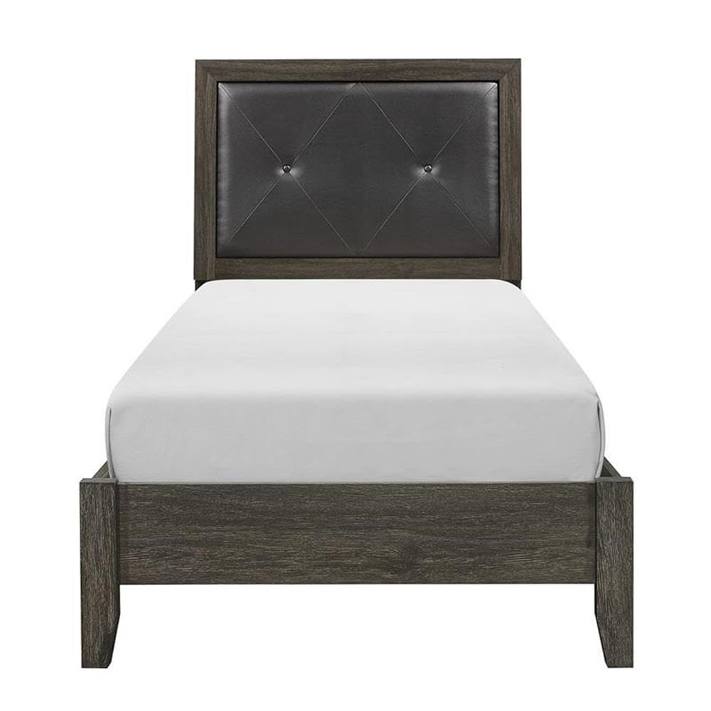 Pemberly Row Contemporary Twin Bed with Wood Frame & Faux Leather Upholstery in Dark Gray/Black - Perfect for Kids' Rooms, Guest Bedrooms & Small Spaces