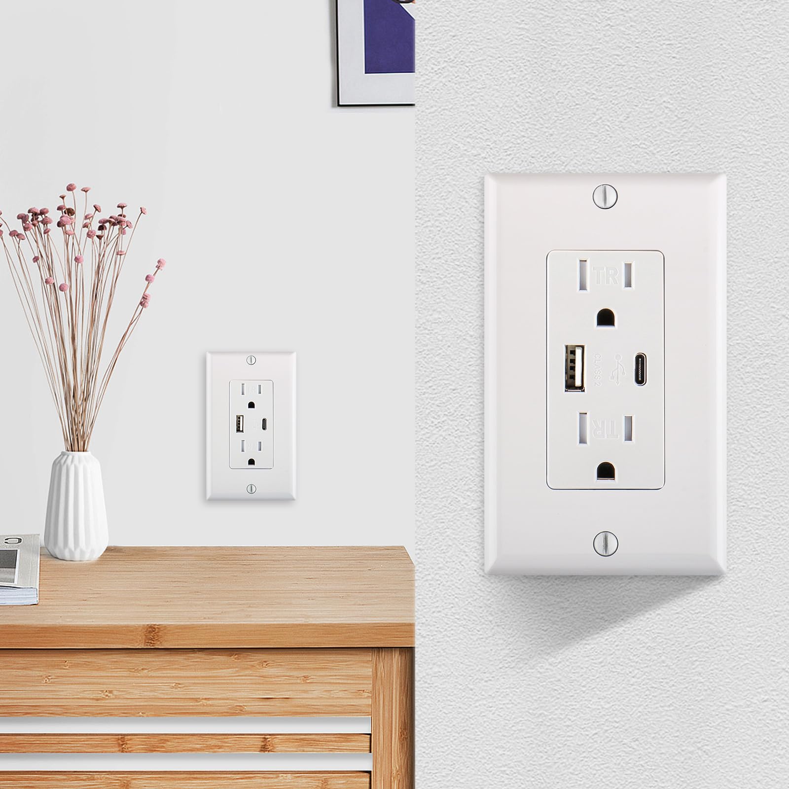 2-Pack USB Outlet Receptacles with USB-C & USB-A Ports - 15A/125V AC, 4.2A Fast Charging - ETL Listed Electrical Socket with Wall Plate (White) - Perfect for Bedrooms, Kitchens & Home Offices