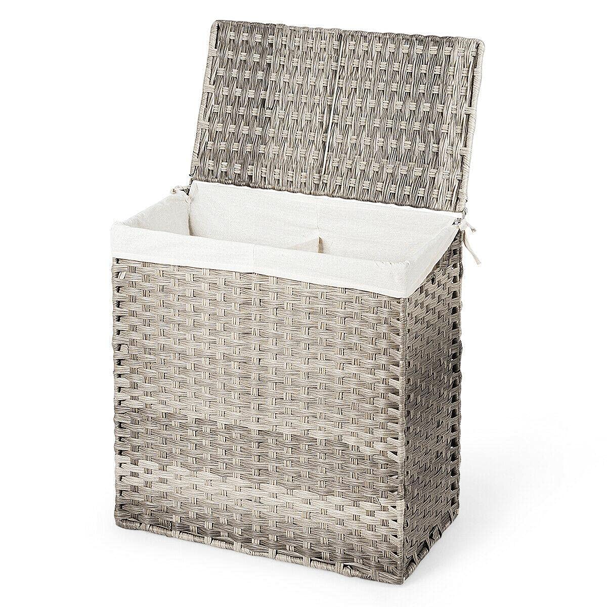 StateOJ Rattan Laundry Hamper Basket - Grey Woven Storage Organizer for Clothes, Towels & Linens | Perfect for Bedroom, Bathroom & Hotel Use