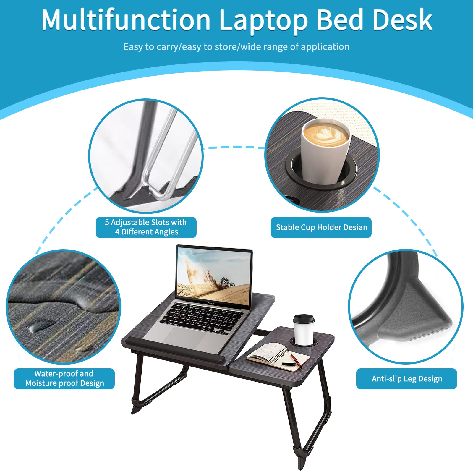 Laptop Desk for Bed & Couch - Adjustable Lap Desk with Cup Holder, Foldable Legs, Home Office & Breakfast Tray, Ideal for Working, Watching Movies, and Reading in Bed (Black)