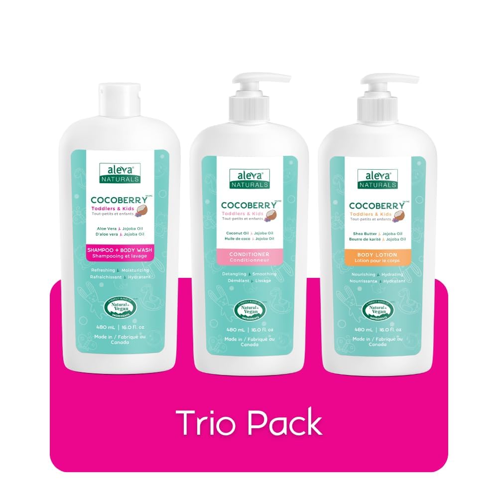 Aleva Naturals Cocoberry Toddlers & Kids Hair & Body Care TRIO Set - 480 mL x 3 (Shampoo, Conditioner & Body Lotion) | Gentle & Natural for Sensitive Skin | Perfect for Bath Time & Daily Moisturizing