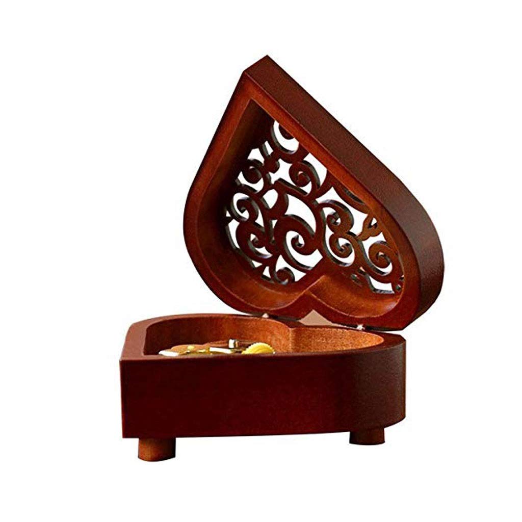 Vintage Wooden Heart Music Box with Hand-Carved Mechanism - Wind Up Musical Jewelry Box for Birthday, Anniversary & Valentine's Day Gifts - Perfect for Romantic Proposals, Wedding Decor & Keepsake Collections