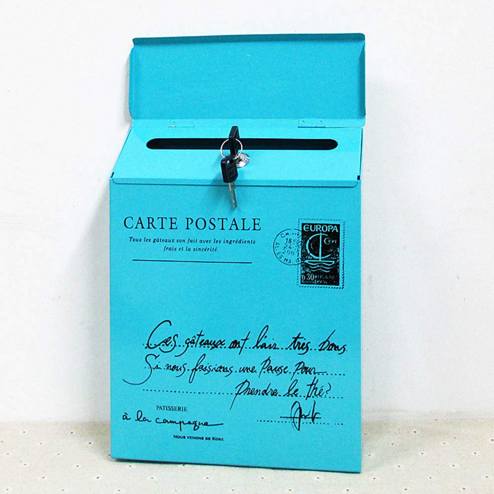 Vintage Iron Lock Wall Mount Mailbox - Blue Antique Postal Letter & Newspaper Box for Home, Office, or Garden - Secure Mail Collection with Classic Style